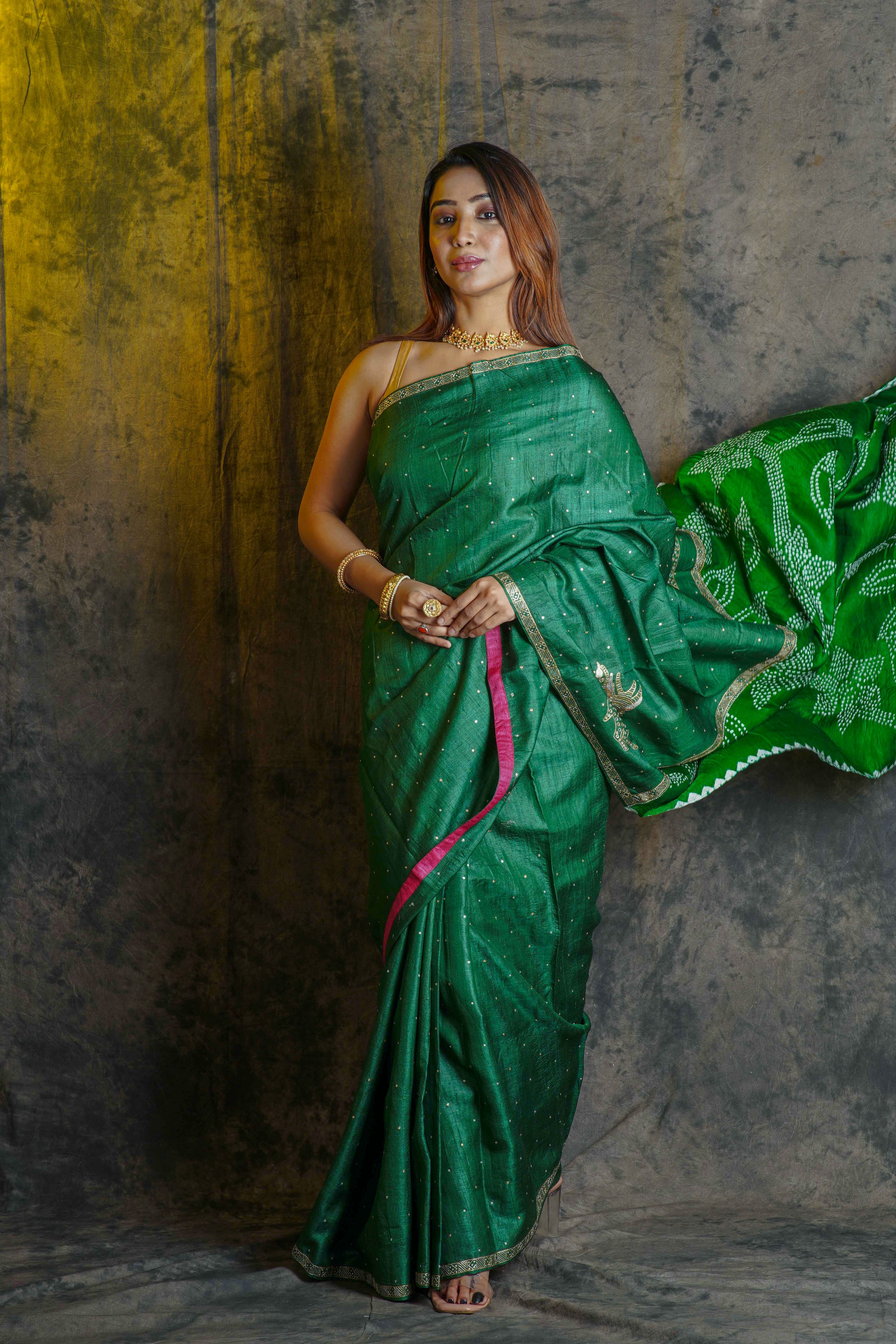 Bottle Green Tussar  Saree With Blouse Piece
