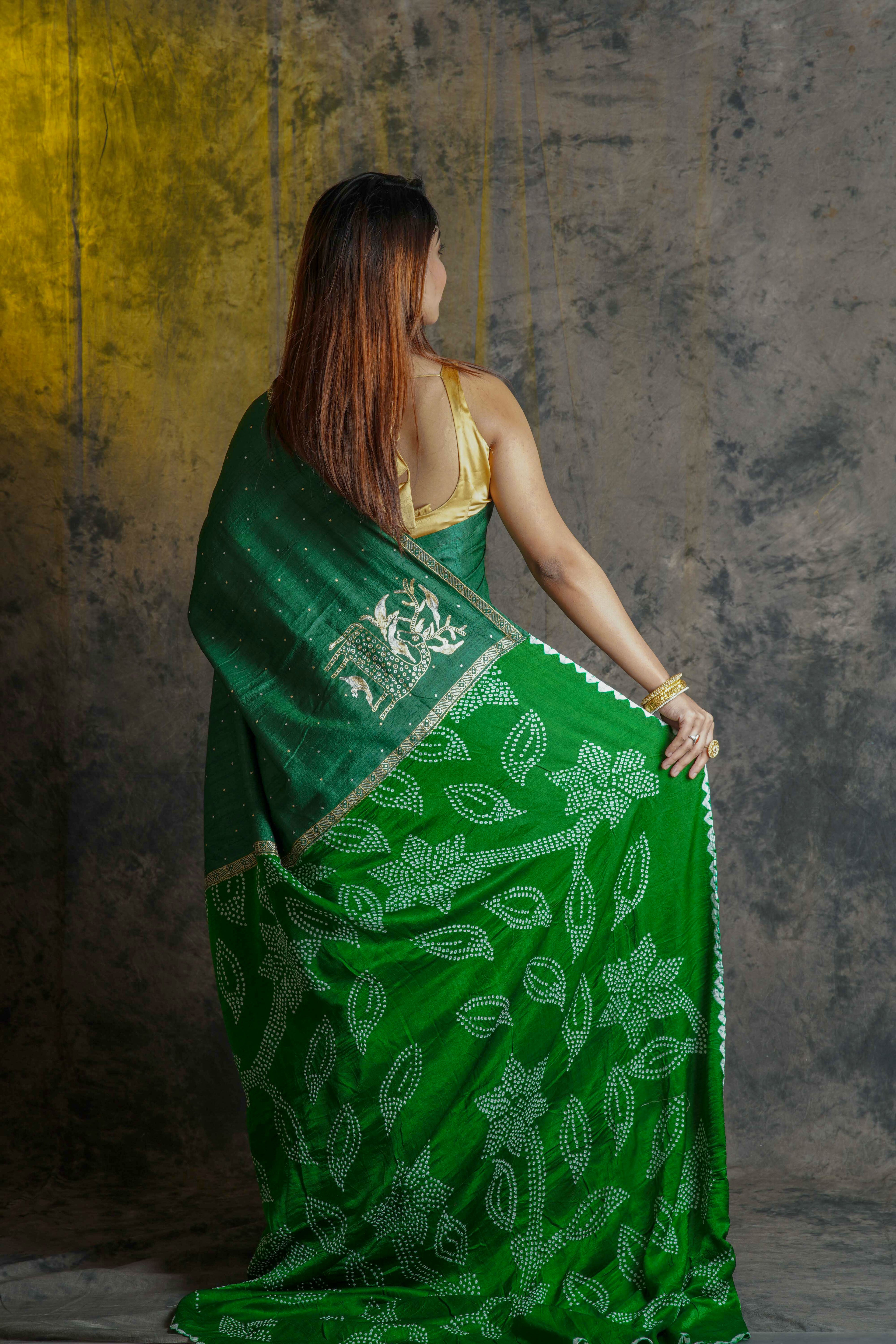 Bottle Green Tussar  Saree With Blouse Piece