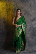 Bottle Green Mashru Silk Banarasi Saree With Blouse Piece