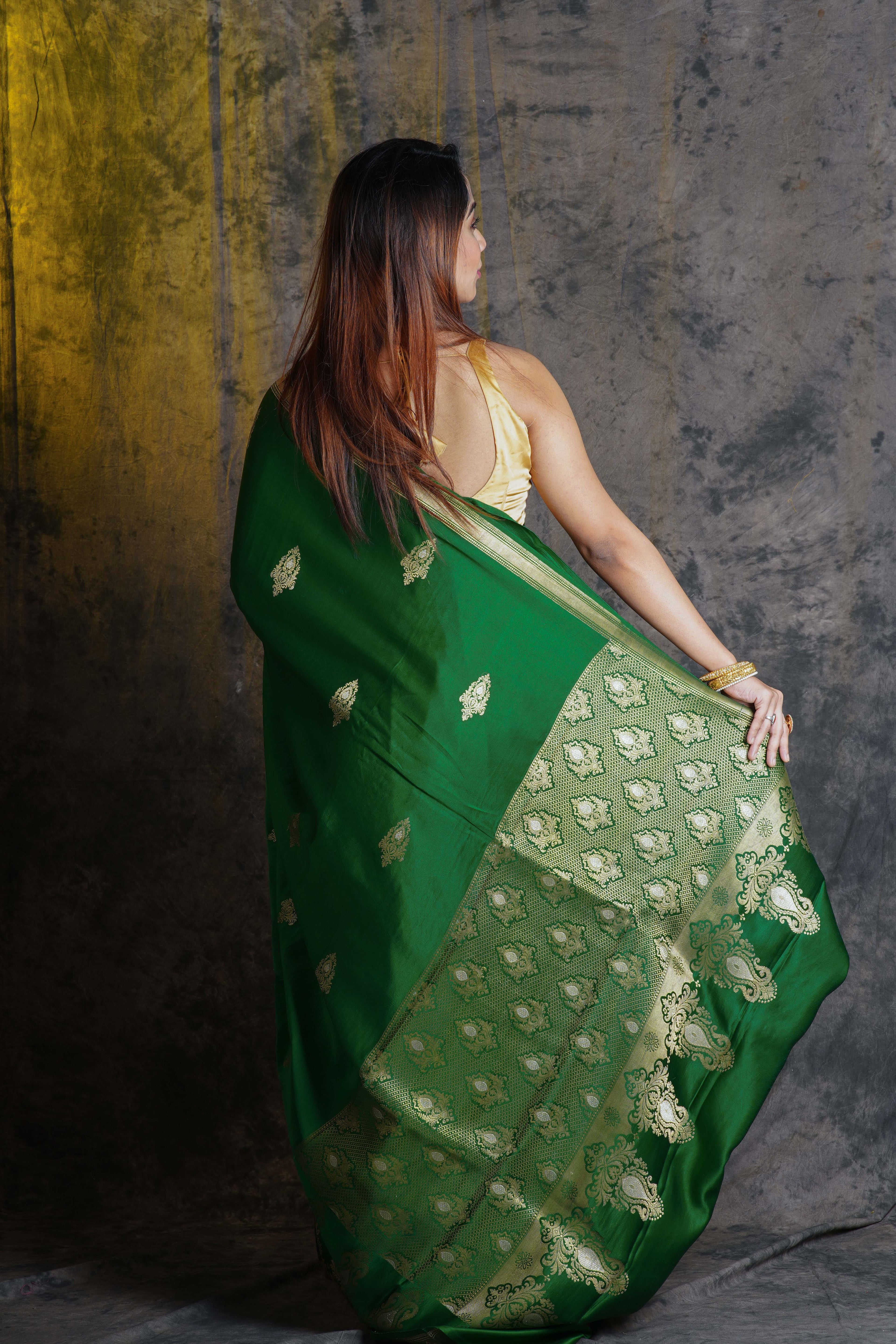 Bottle Green Mashru Silk Banarasi Saree With Blouse Piece