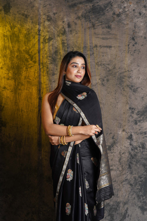 Black Blended Mashru Silk Banarasi Saree With Blouse Piece