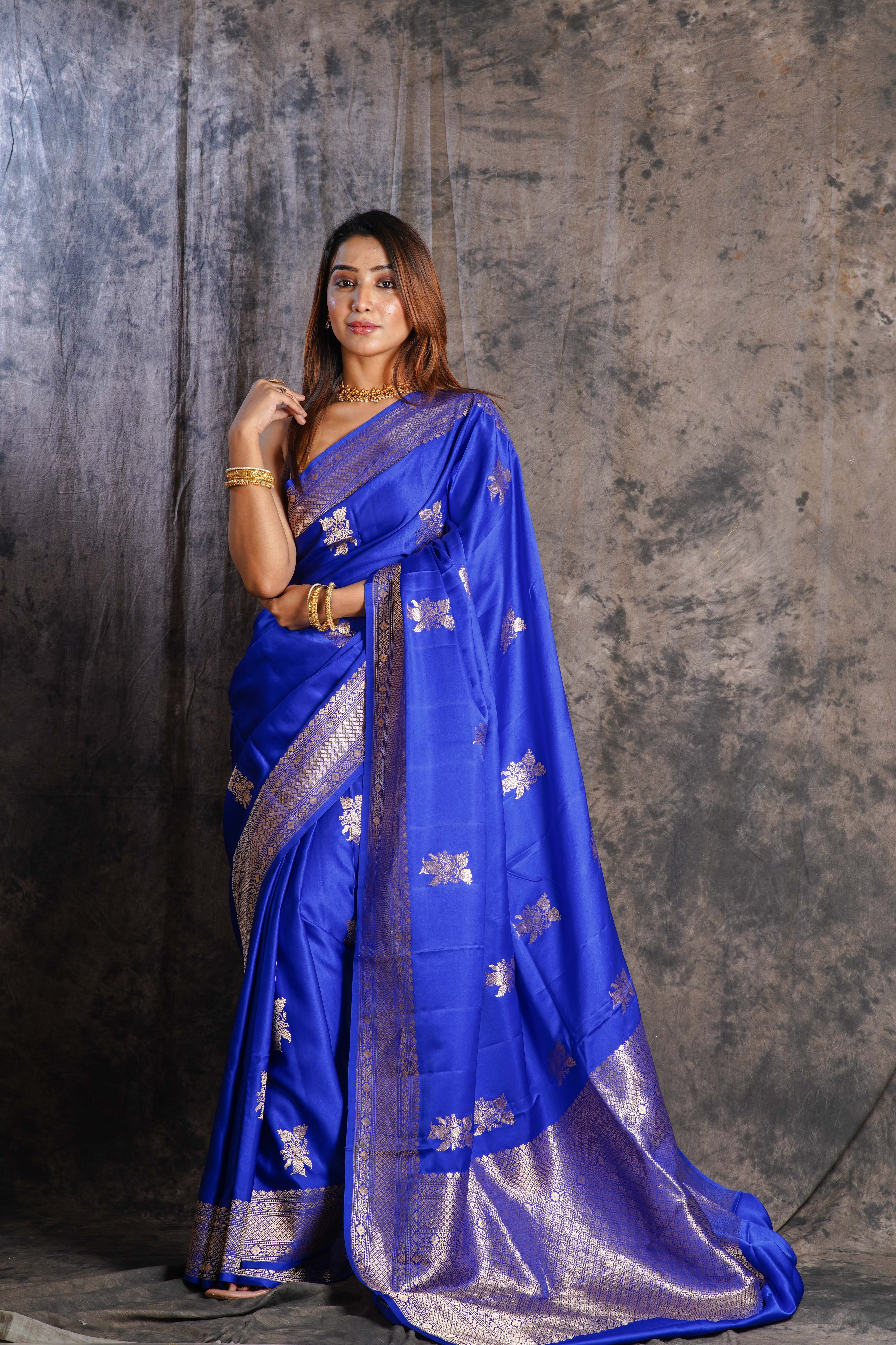 Royal Blue Mashru Silk Banarasi Saree With Blouse Piece