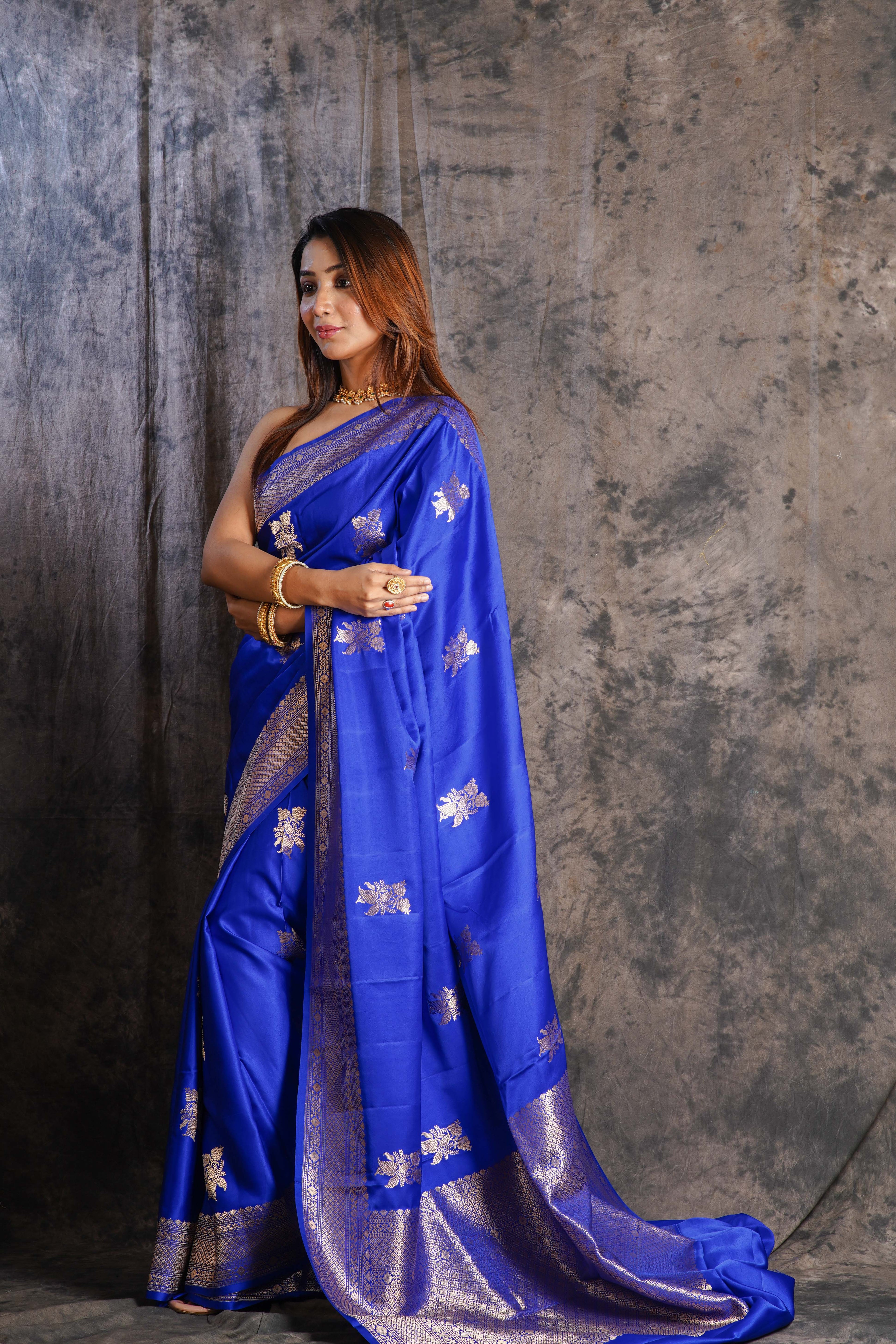 Royal Blue Mashru Silk Banarasi Saree With Blouse Piece