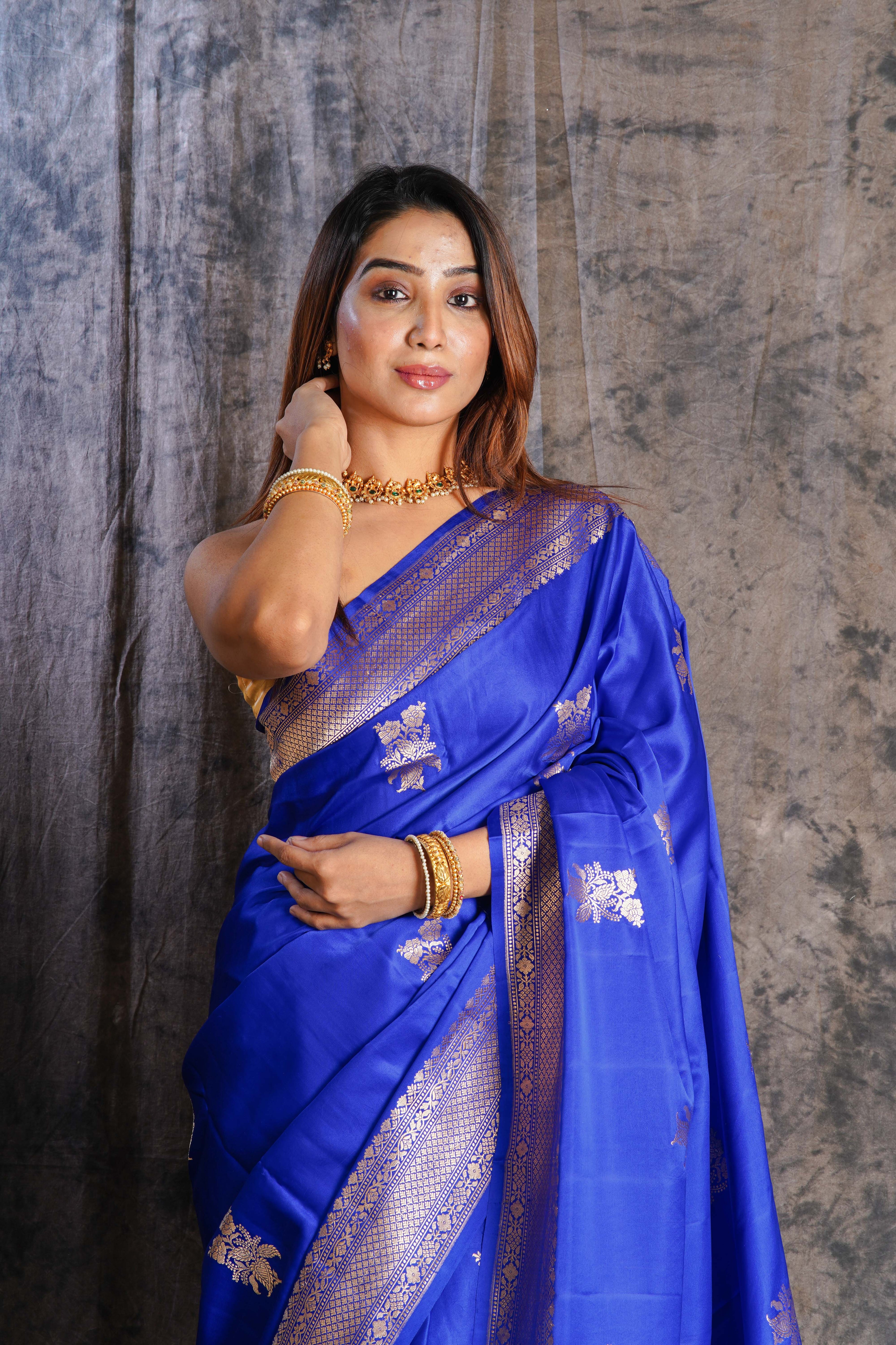 Royal Blue Mashru Silk Banarasi Saree With Blouse Piece