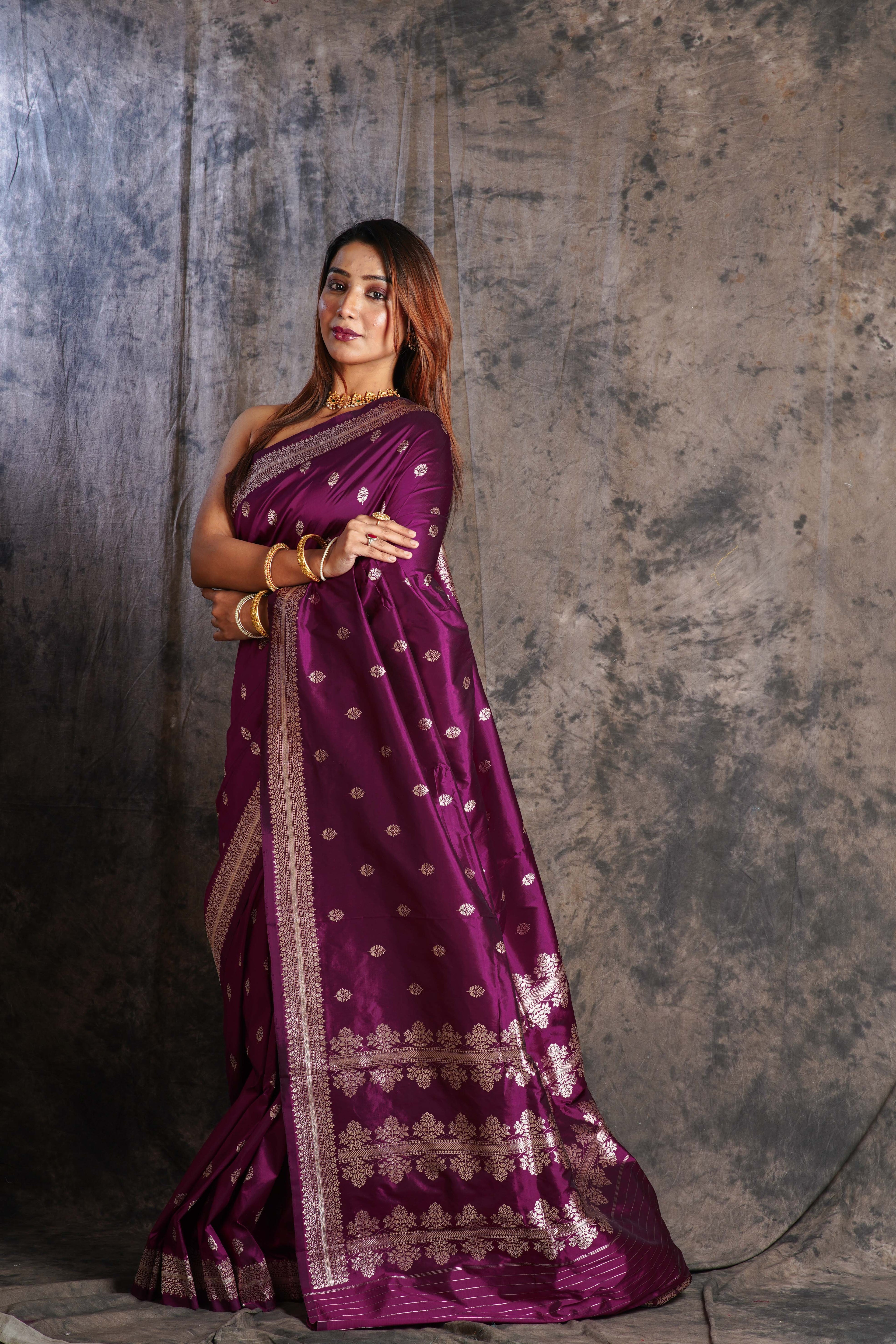 Wine Pure Katan Banarasi Saree With Blouse Piece