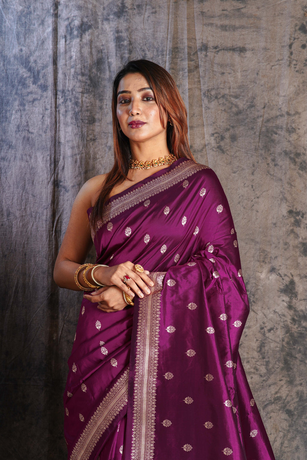 Wine Pure Katan Banarasi Saree With Blouse Piece