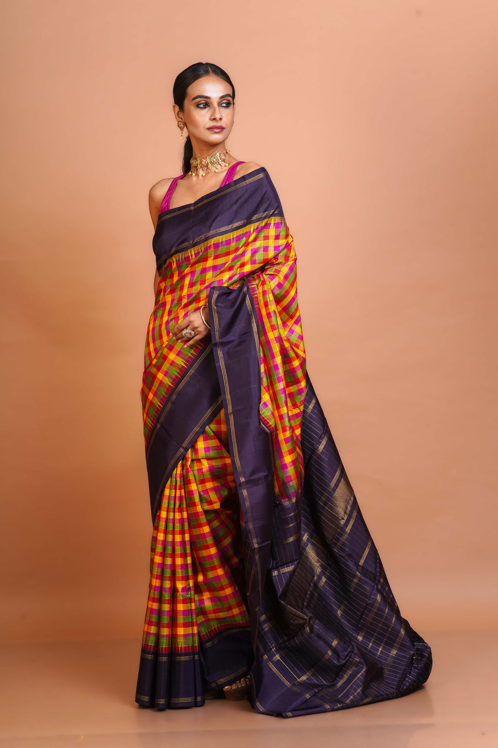 Multicolour Silk Kanjivaram Saree With Blouse Piece