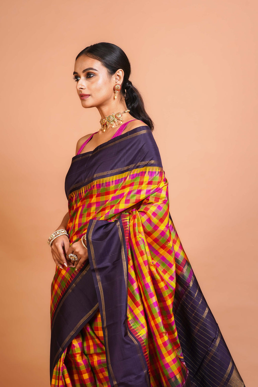 Multicolour Silk Kanjivaram Saree With Blouse Piece