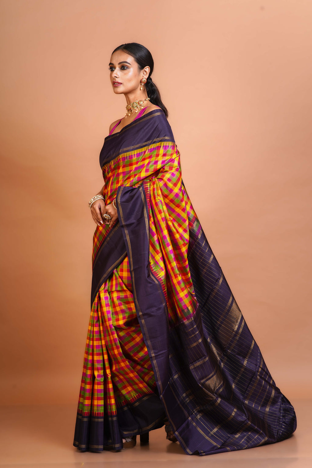 Multicolour Silk Kanjivaram Saree With Blouse Piece