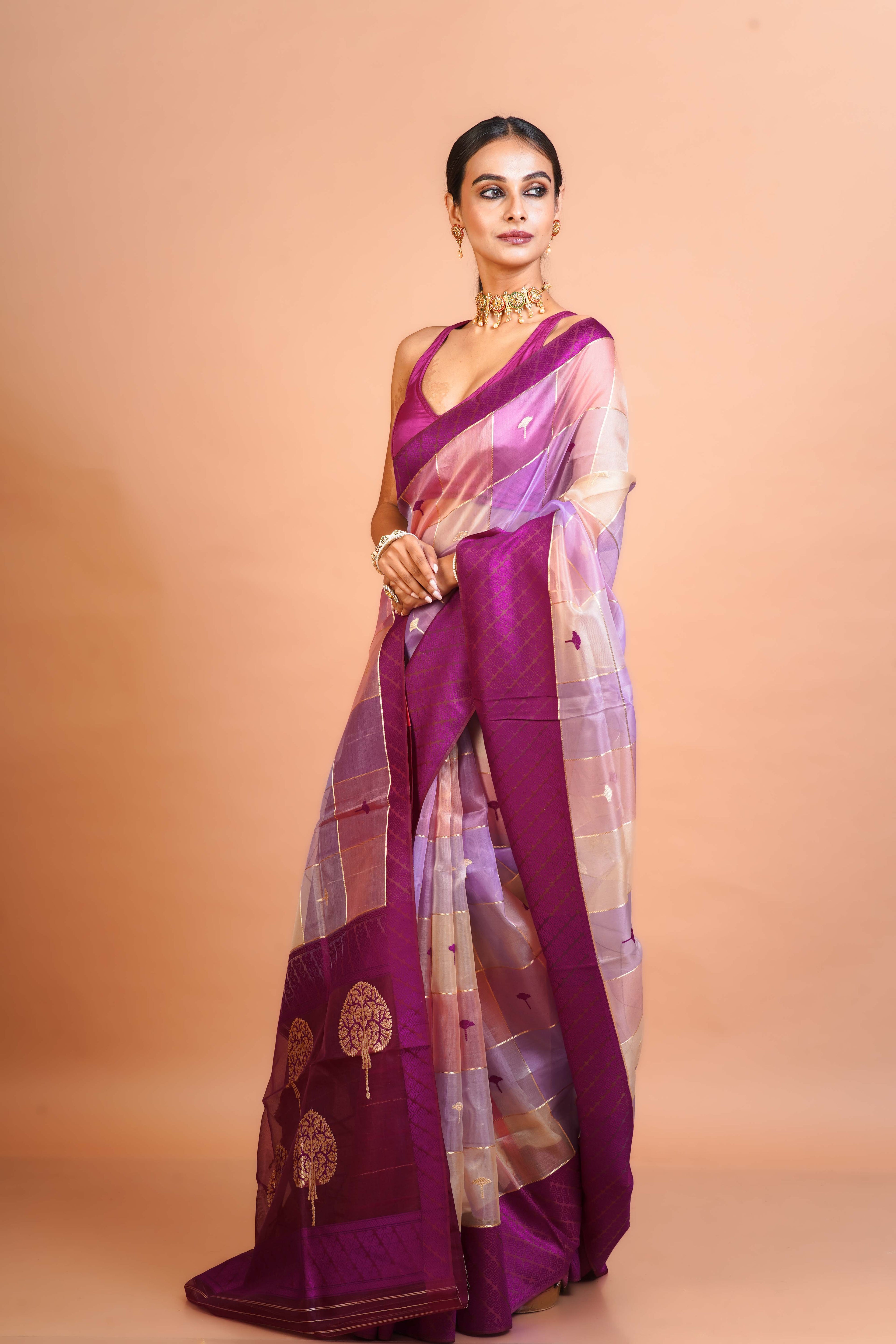 Multicolour Kora Silk Banarasi Saree With Blouse Piece