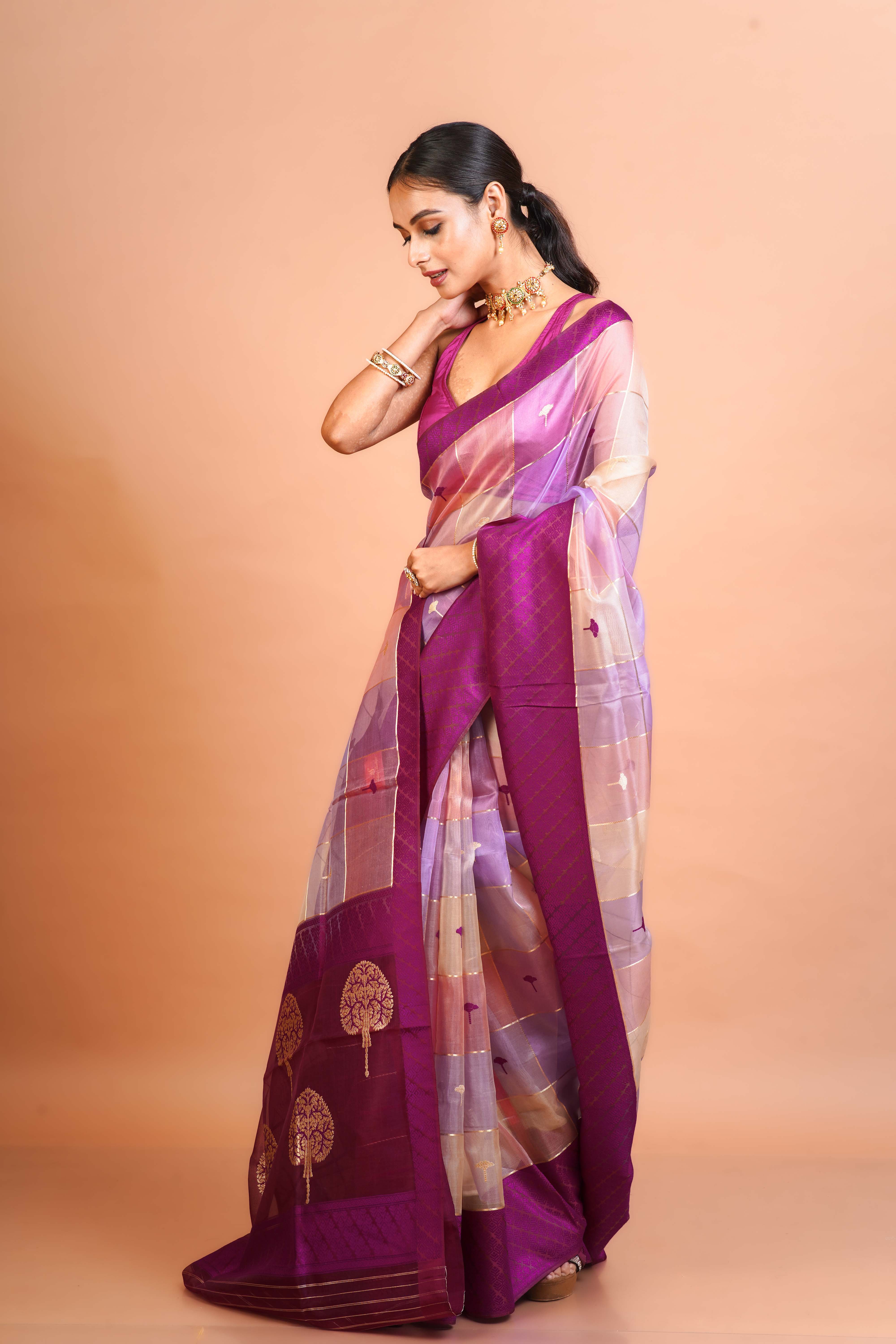 Multicolour Kora Silk Banarasi Saree With Blouse Piece