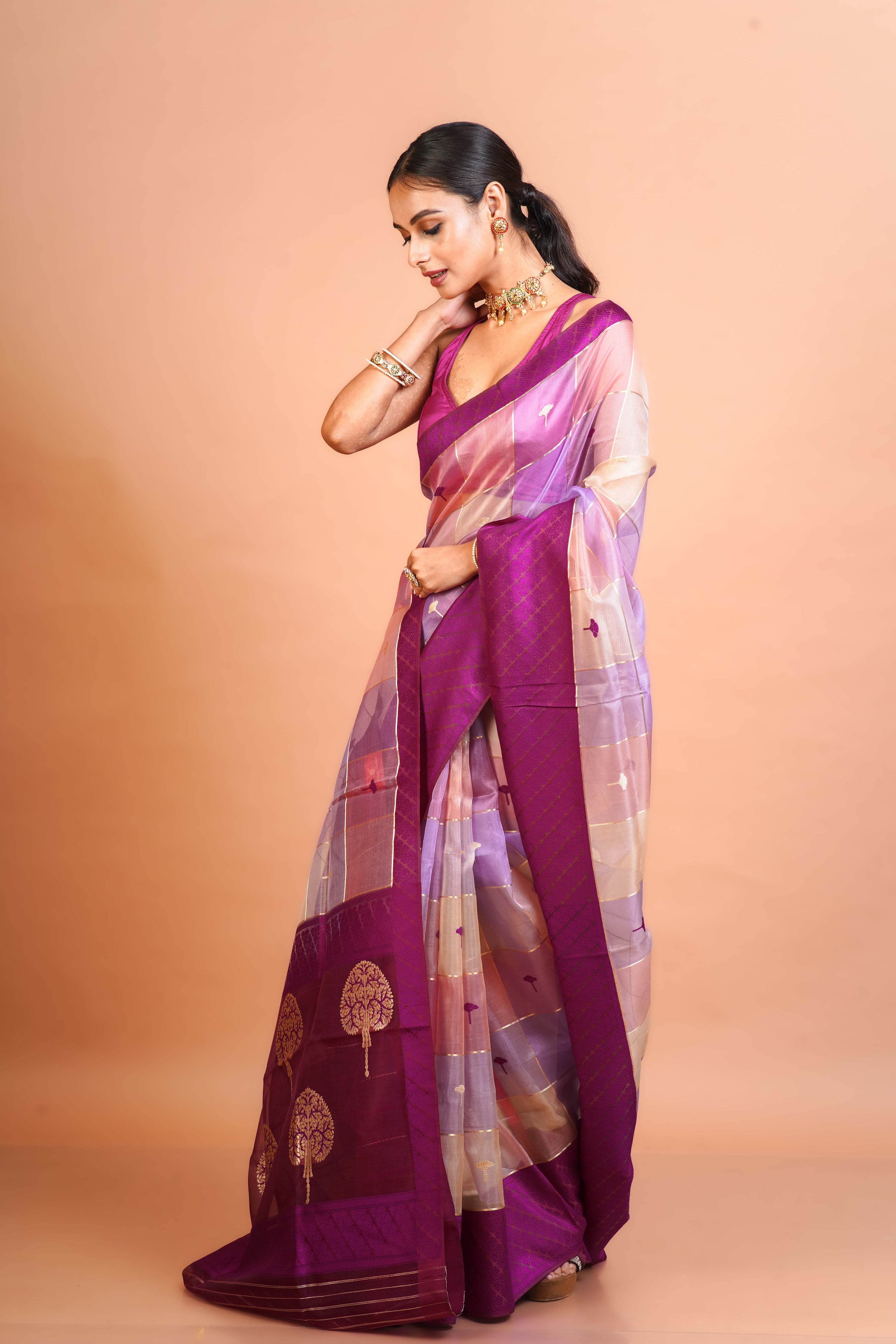 Multicolour Kora Silk Banarasi Saree With Blouse Piece