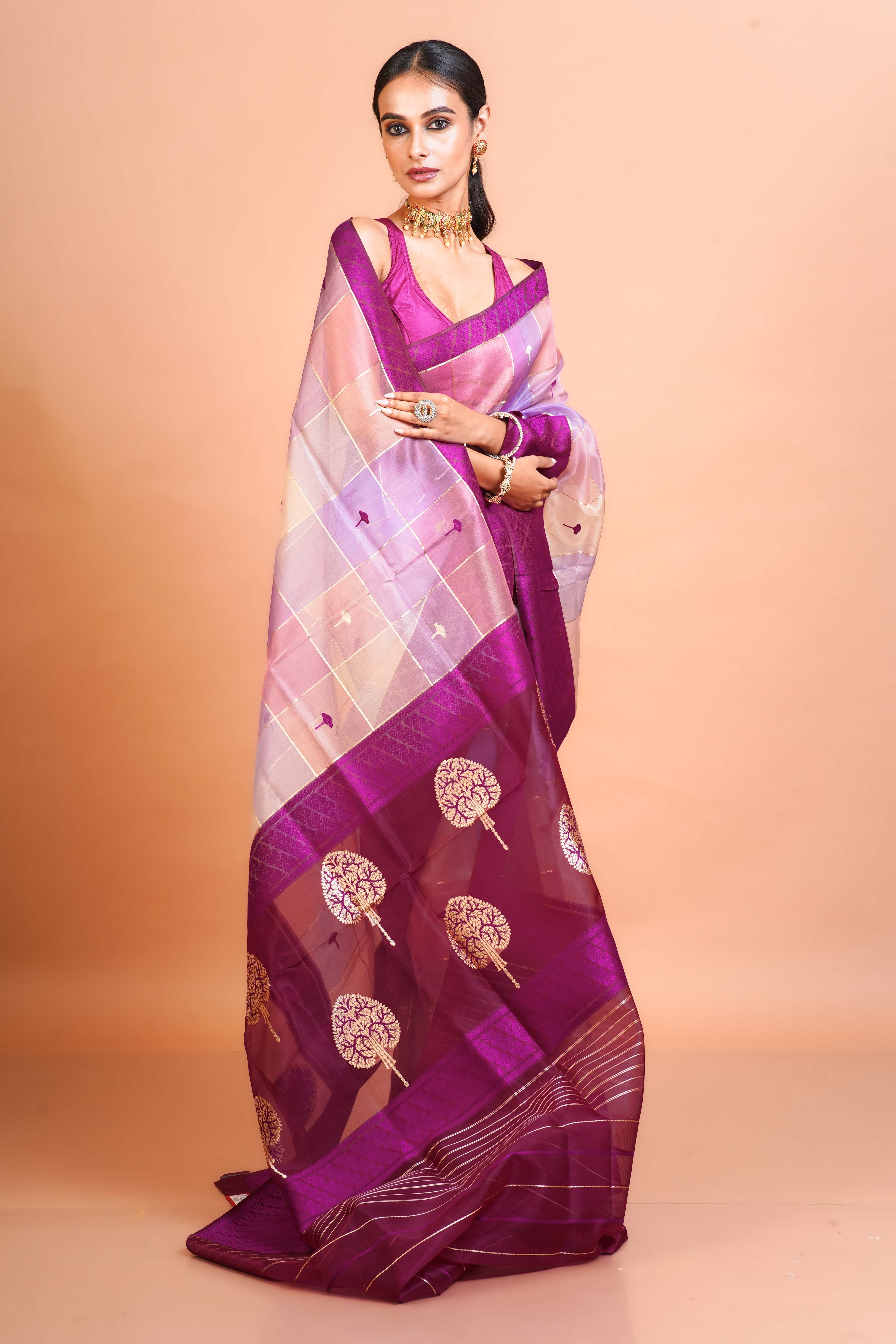 Multicolour Kora Silk Banarasi Saree With Blouse Piece