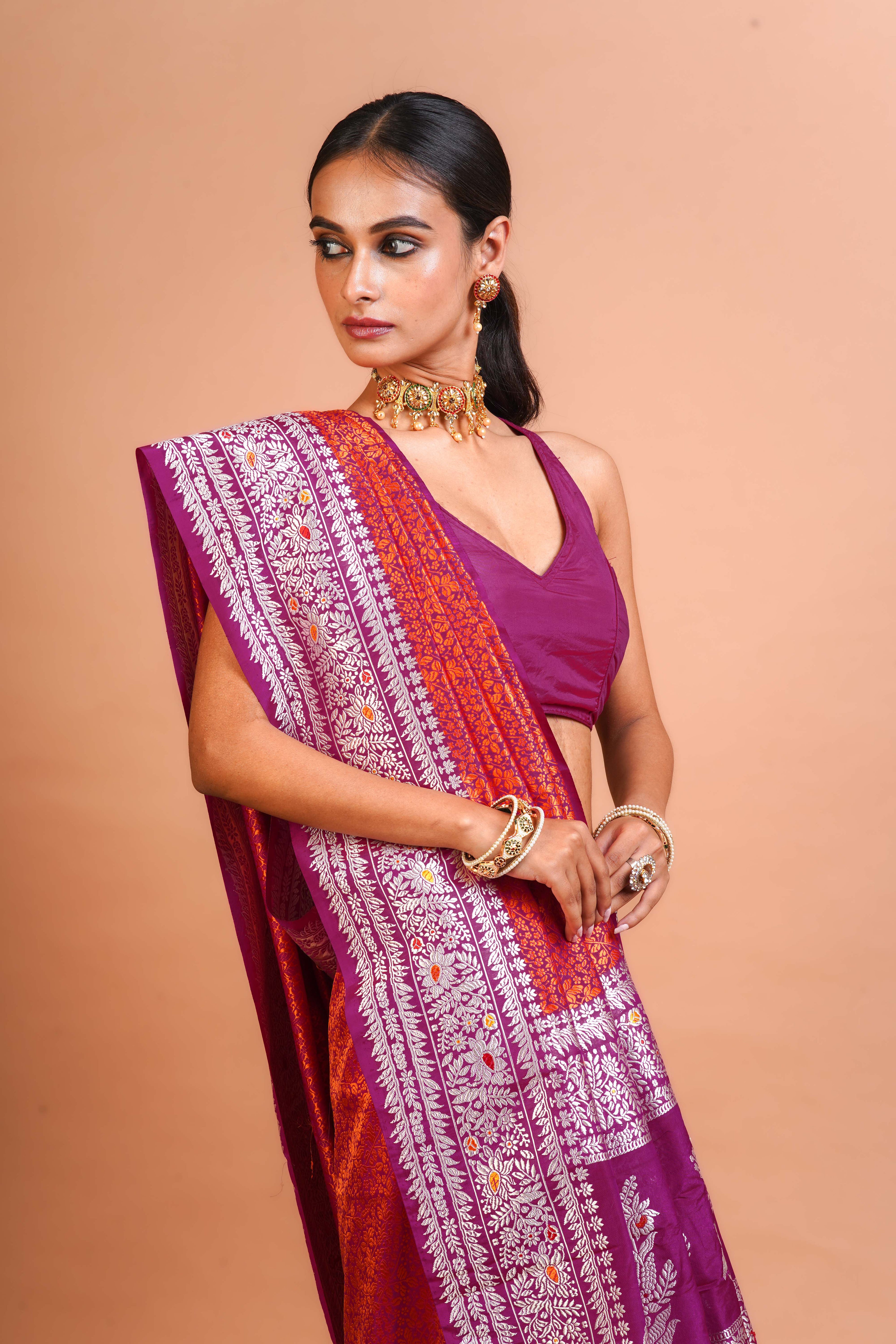 Vibrant Magenda Silk Banarasi Saree With Blouse Piece