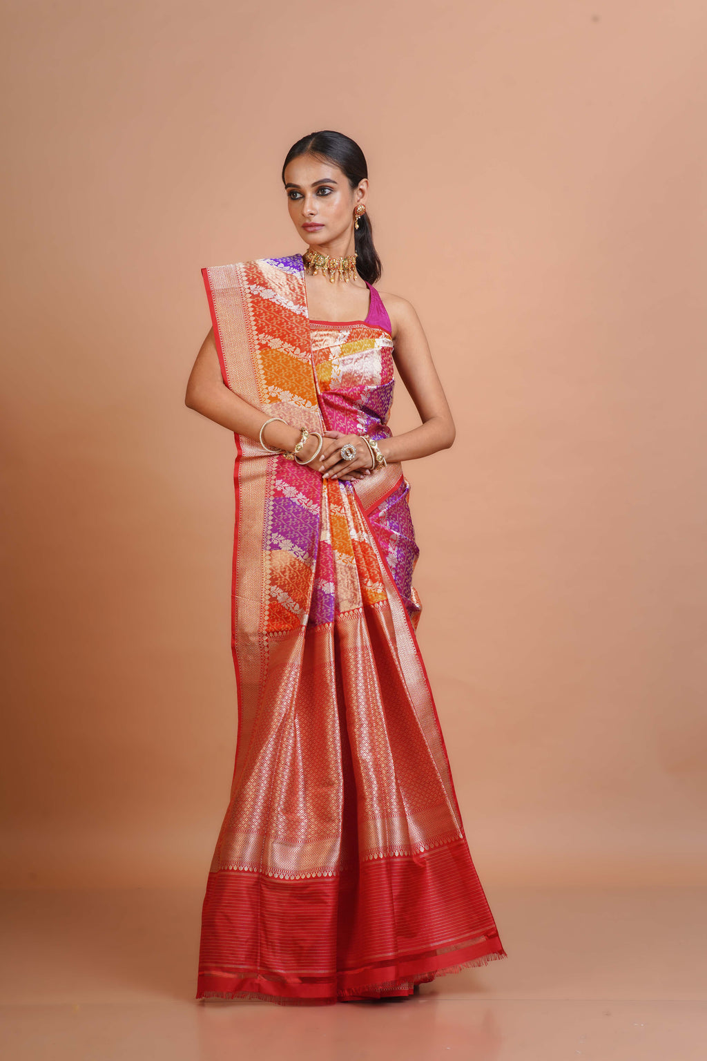 Multicolour Katan Silk Banarasi Saree With Blouse Piece