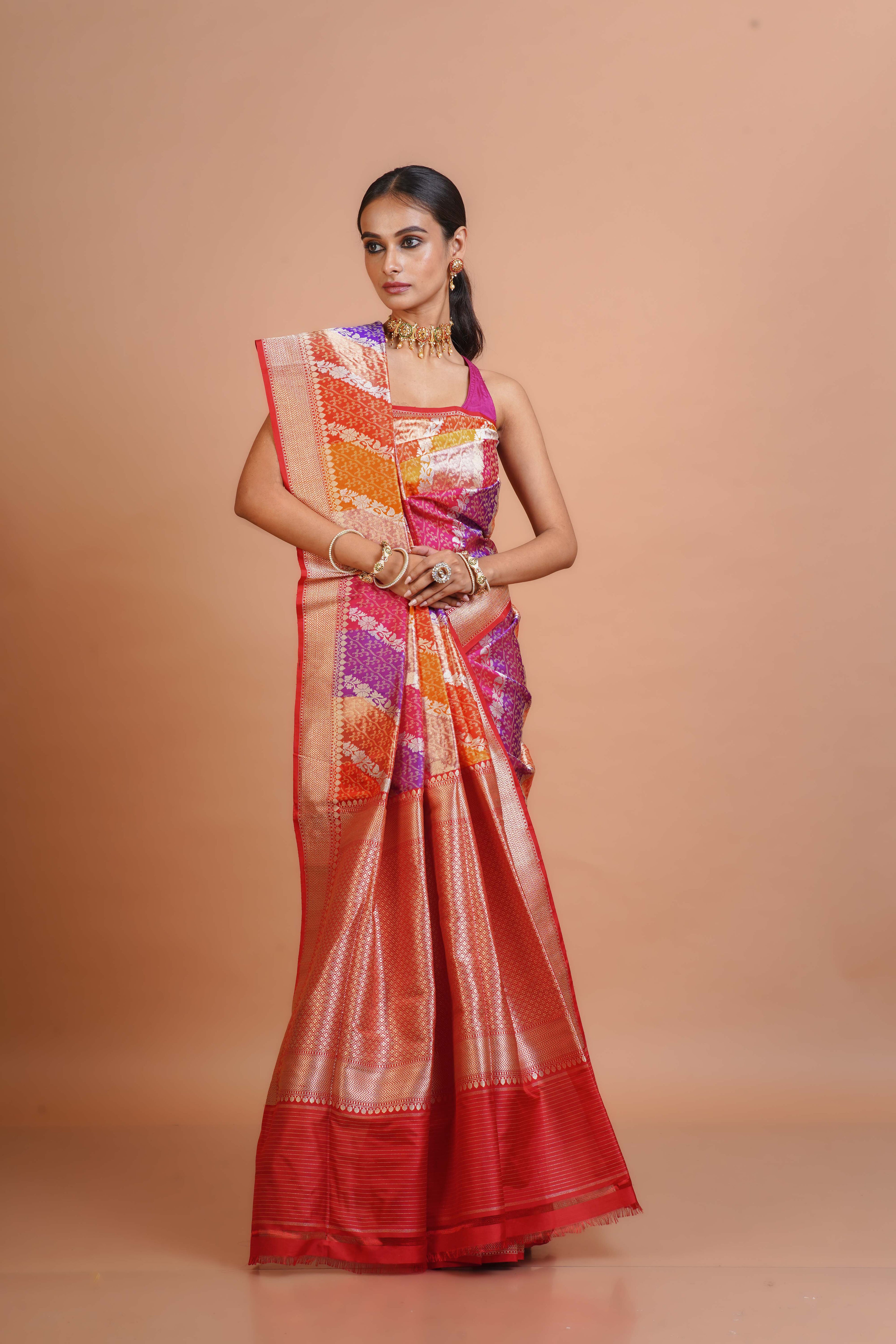 Multicolour Katan Silk Banarasi Saree With Blouse Piece
