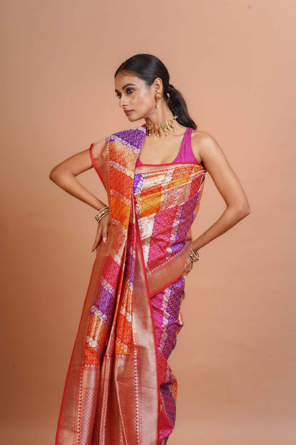 Multicolour Katan Silk Banarasi Saree With Blouse Piece