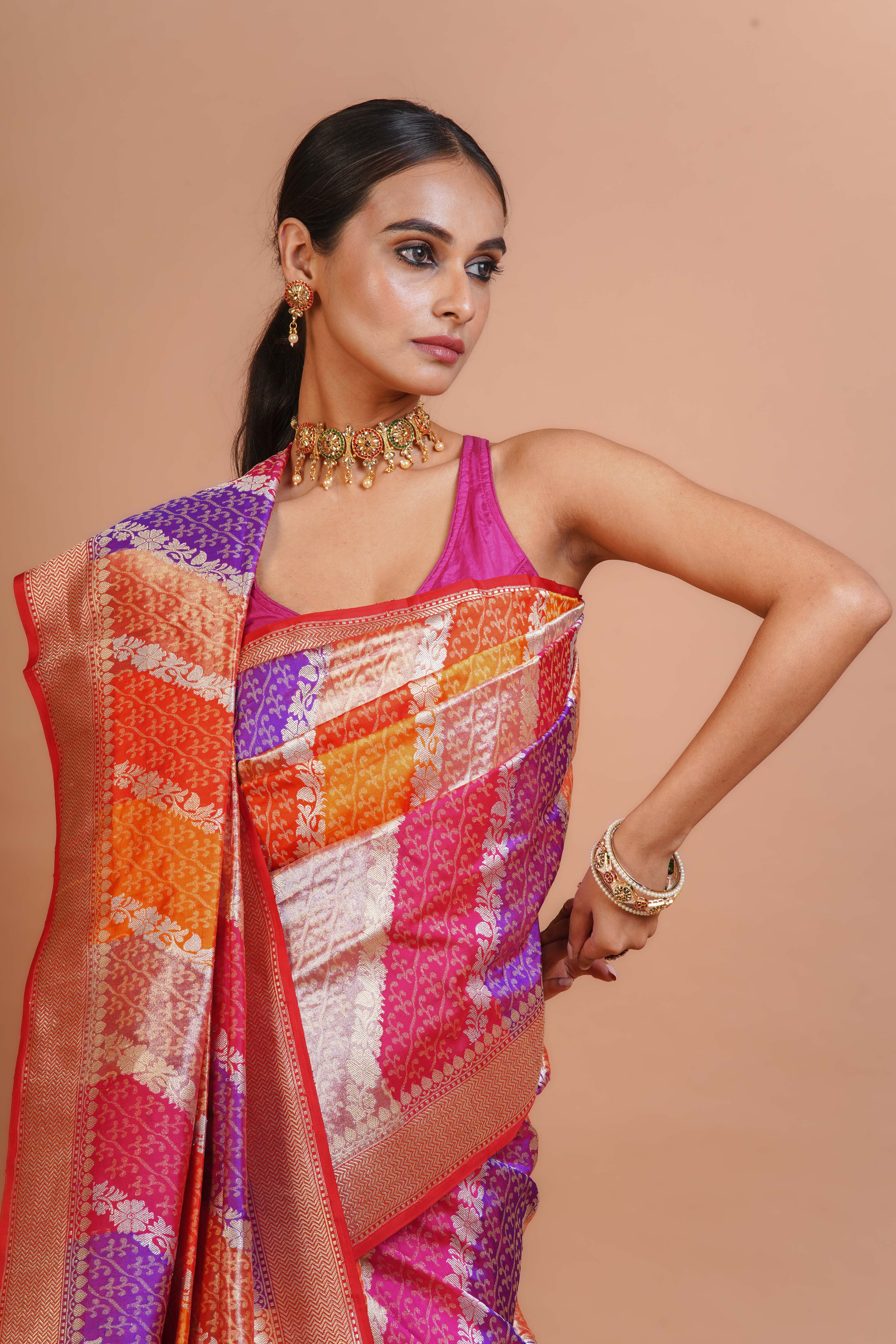 Multicolour Katan Silk Banarasi Saree With Blouse Piece