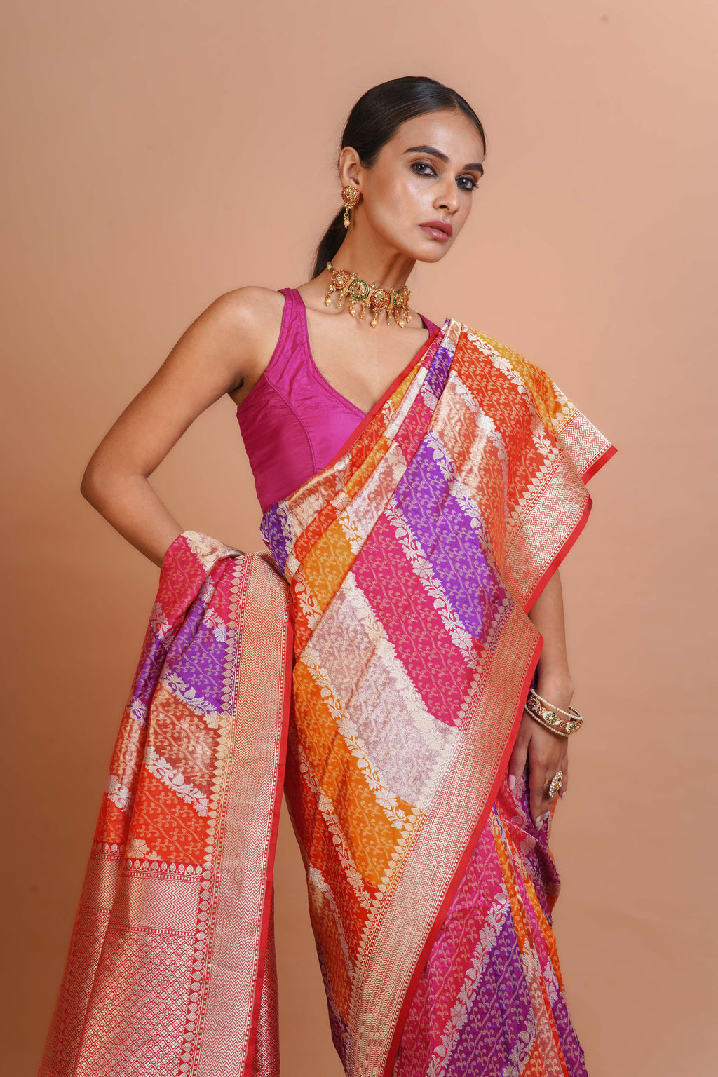 Multicolour Katan Silk Banarasi Saree With Blouse Piece