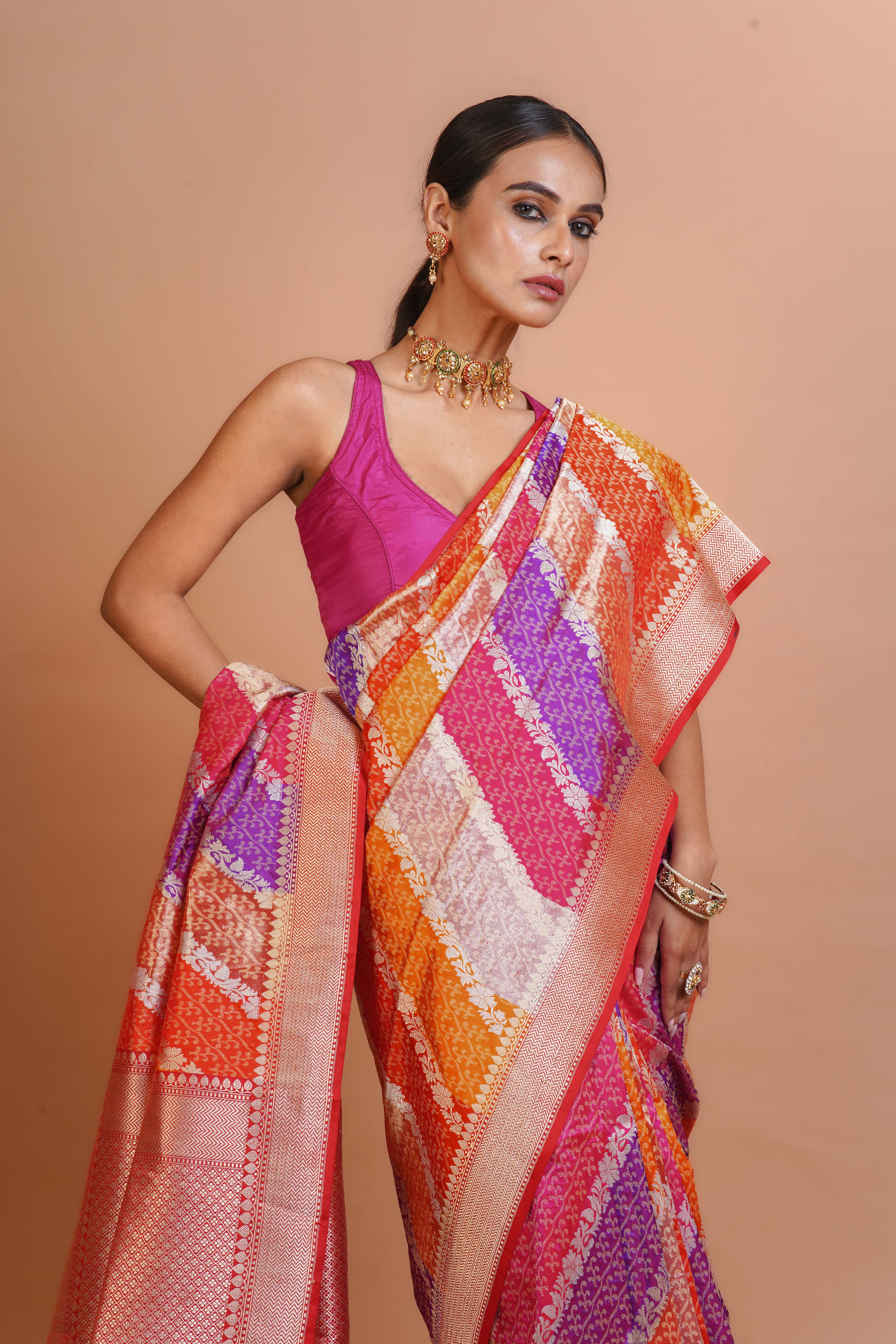 Multicolour Katan Silk Banarasi Saree With Blouse Piece