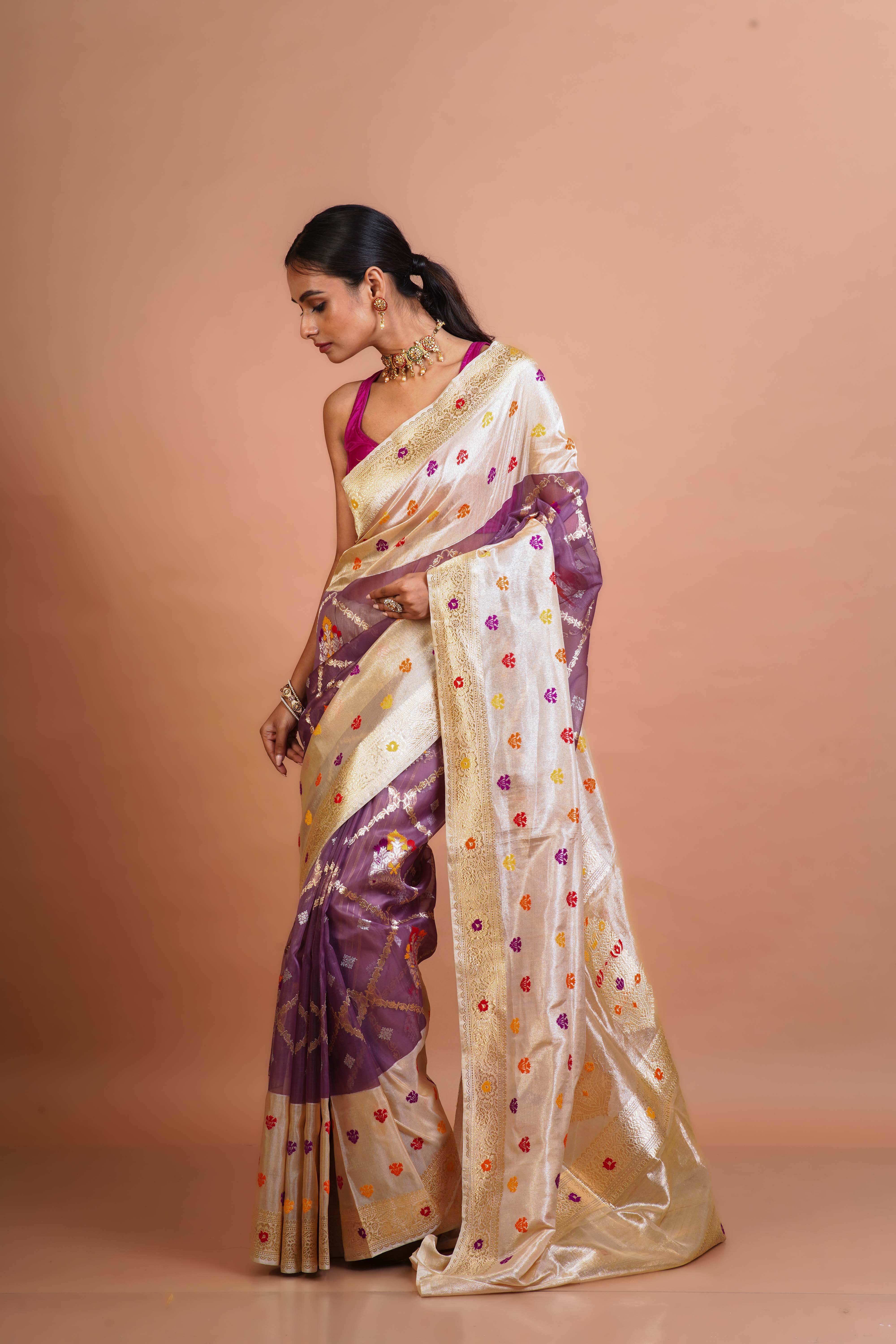 Mofand Beige Kora Tissue Saree With Blouse Piece