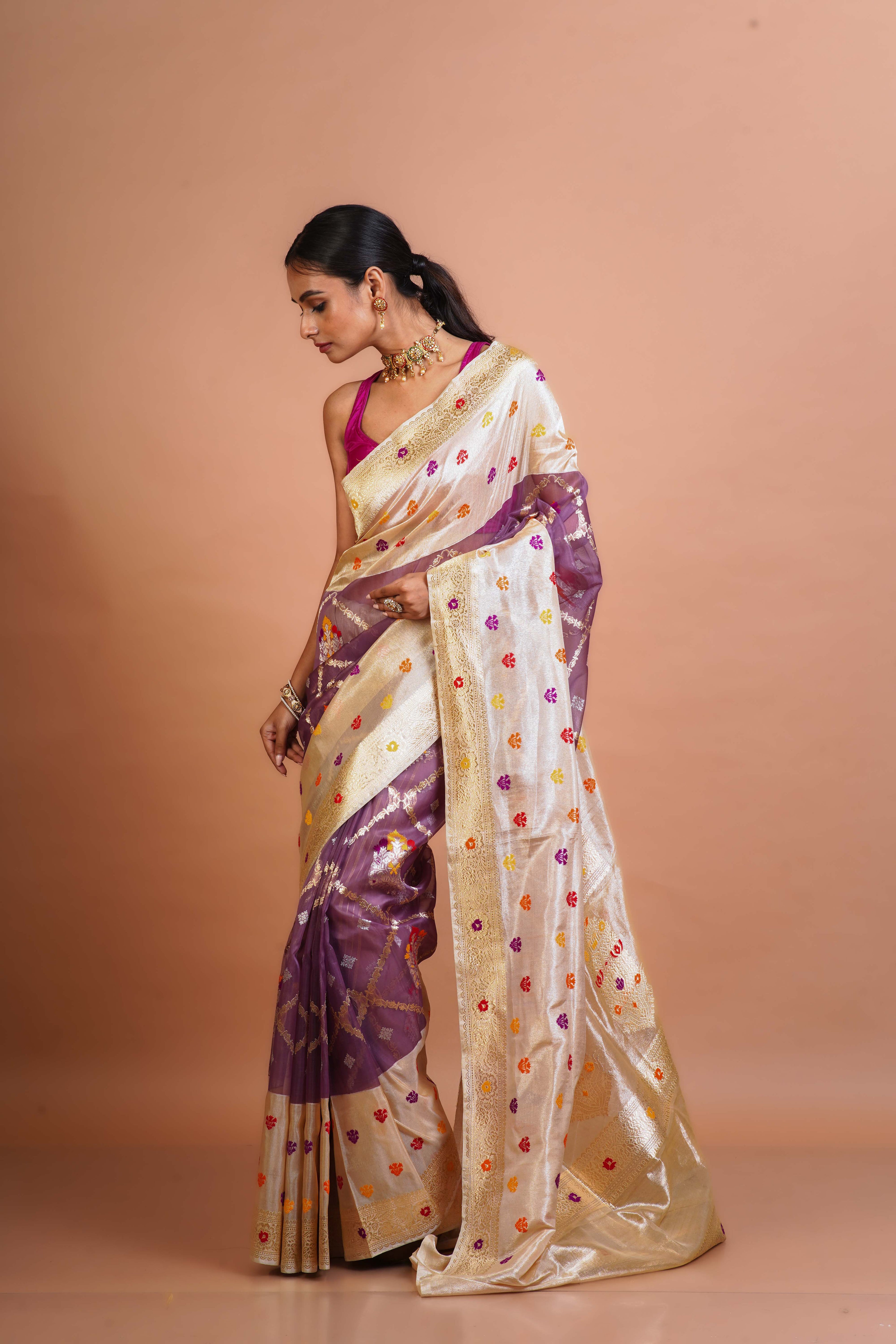 Mofand Beige Kora Tissue Saree With Blouse Piece