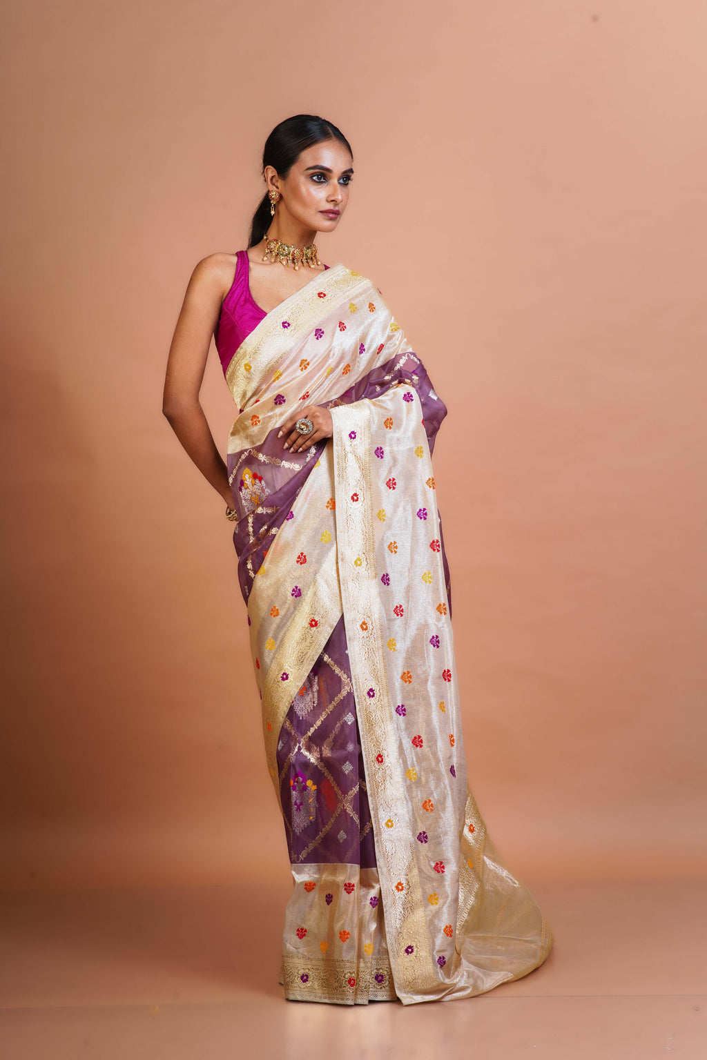 Mofand Beige Kora Tissue Saree With Blouse Piece