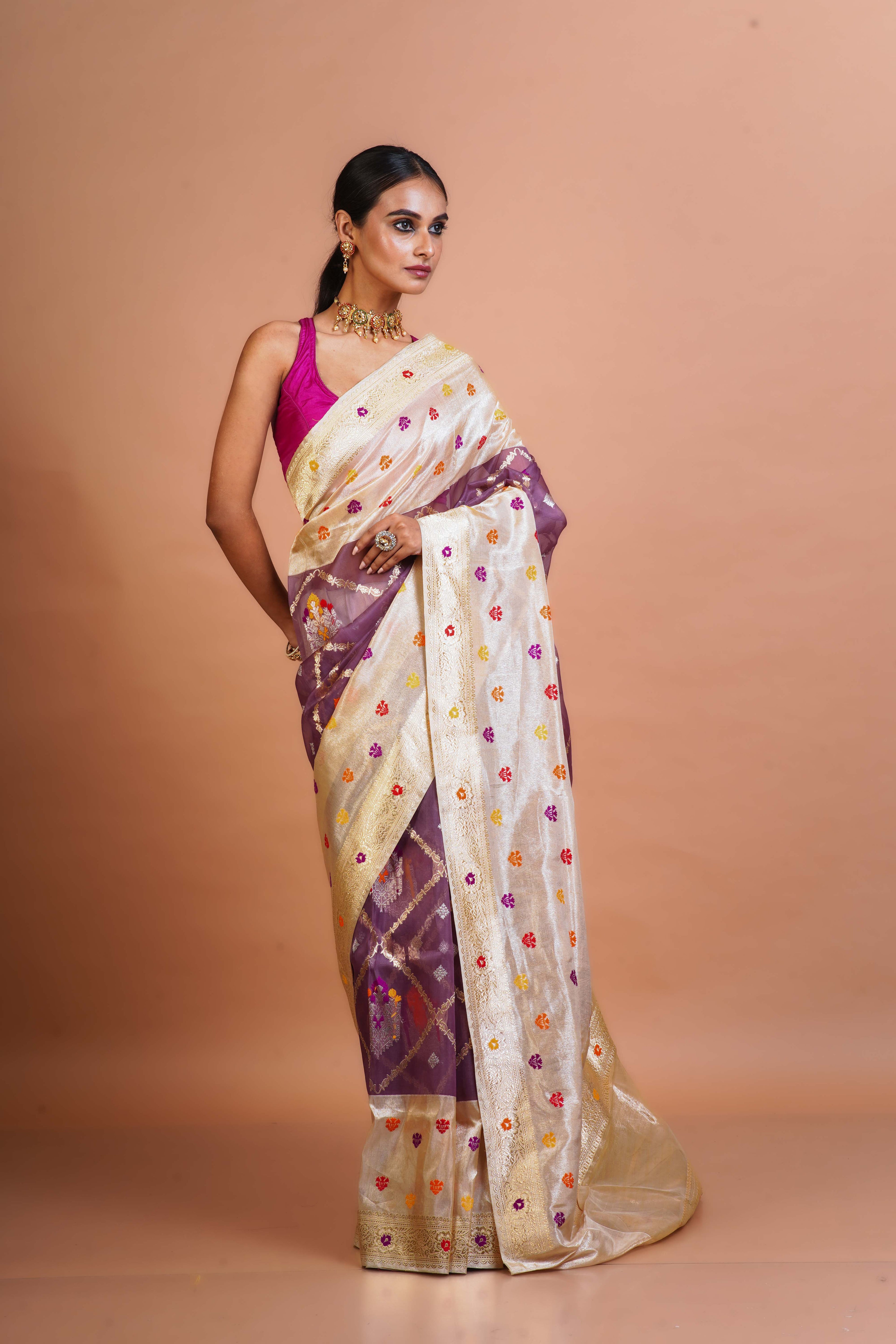 Mofand Beige Kora Tissue Saree With Blouse Piece