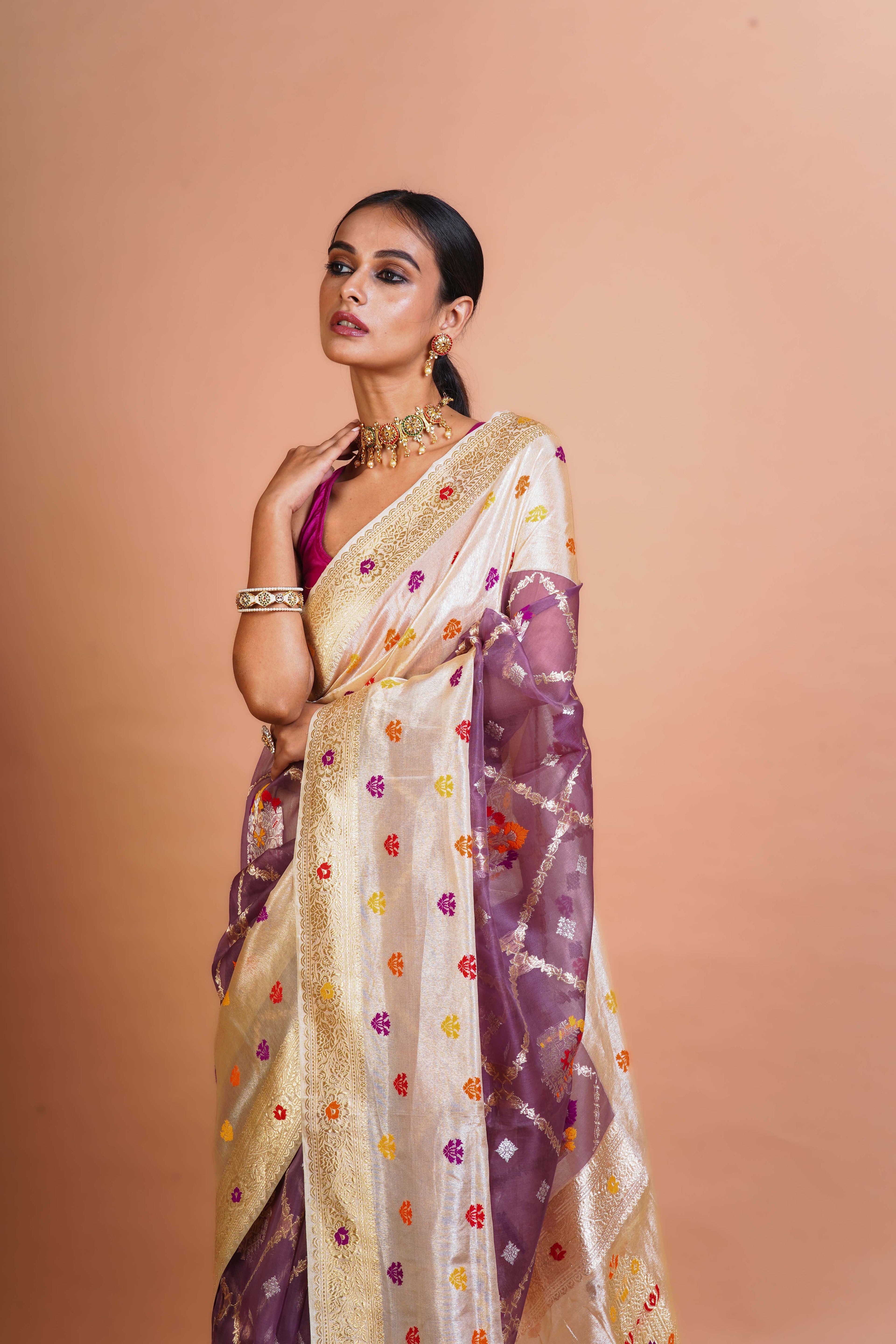 Mofand Beige Kora Tissue Saree With Blouse Piece