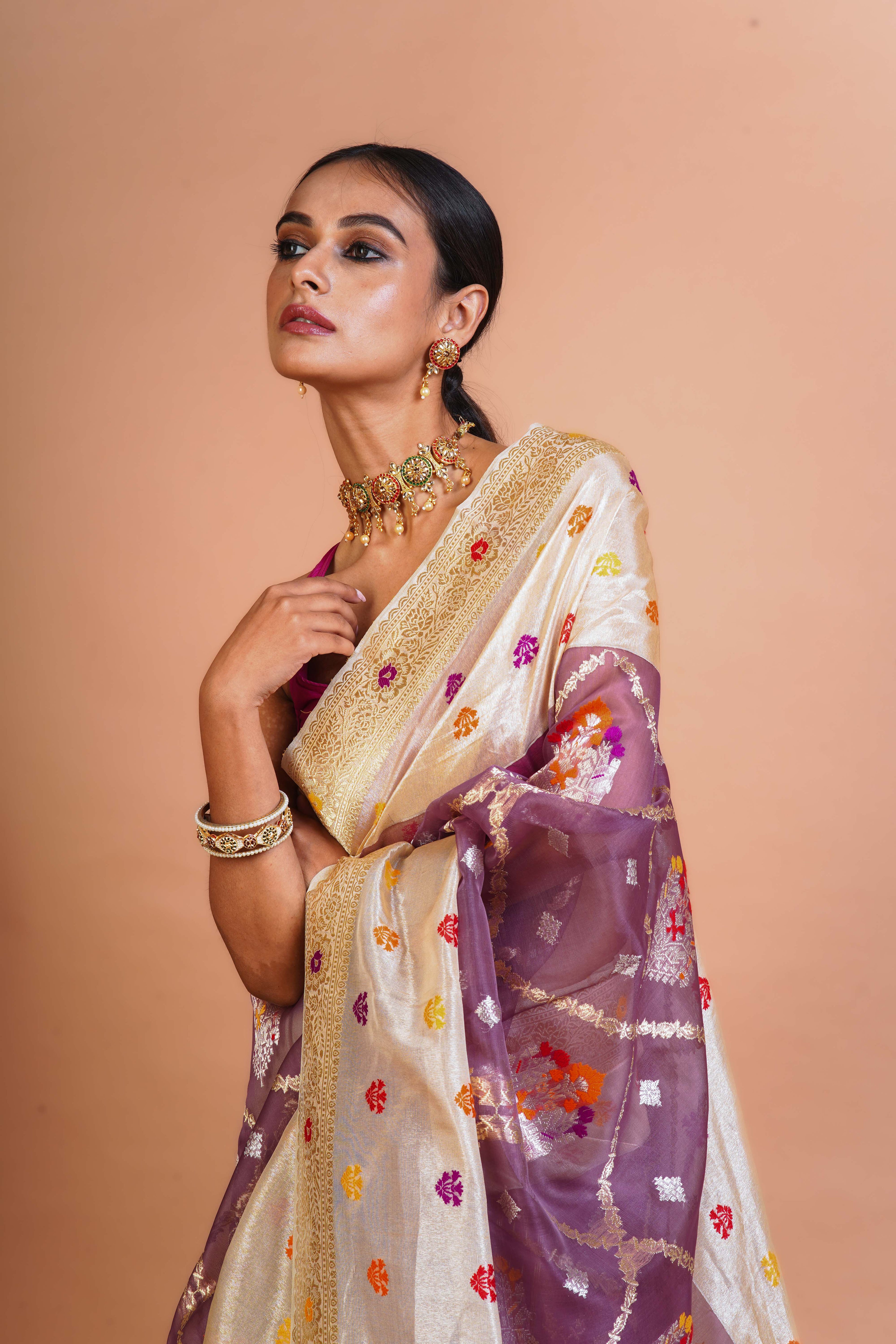 Mofand Beige Kora Tissue Saree With Blouse Piece