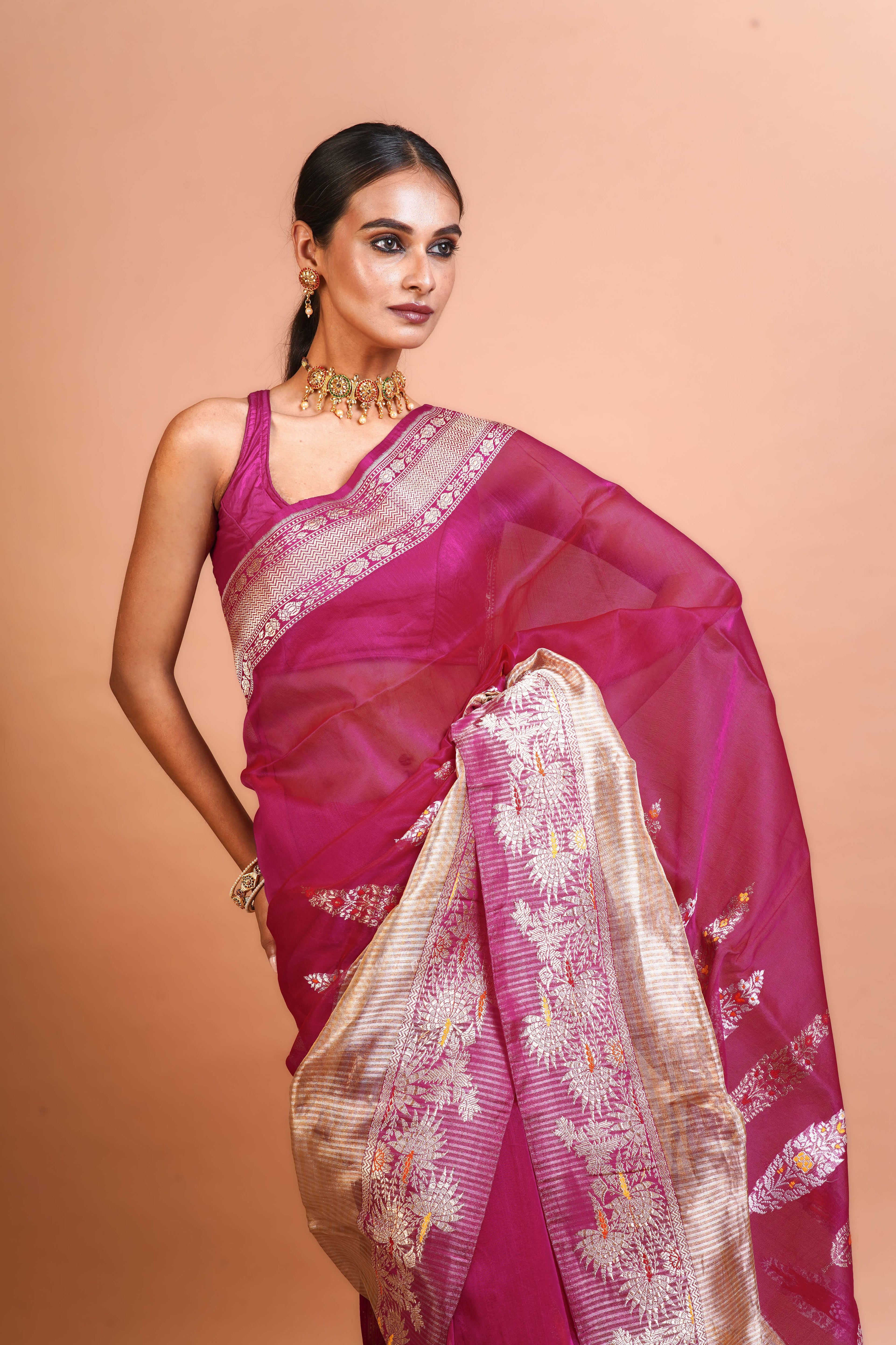 Rani Kora Silk Banarasi Saree With Blouse Piece
