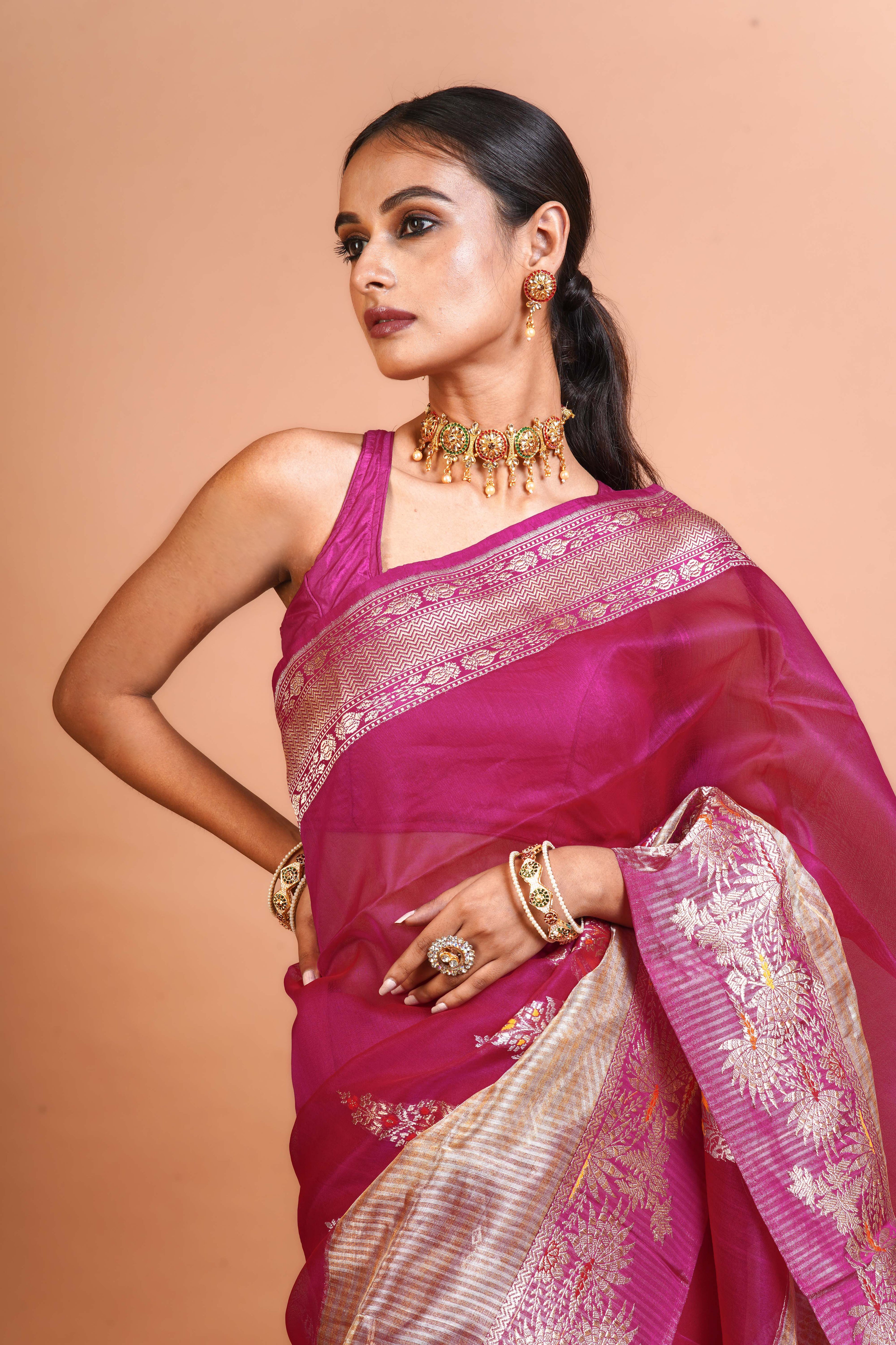 Rani Kora Silk Banarasi Saree With Blouse Piece