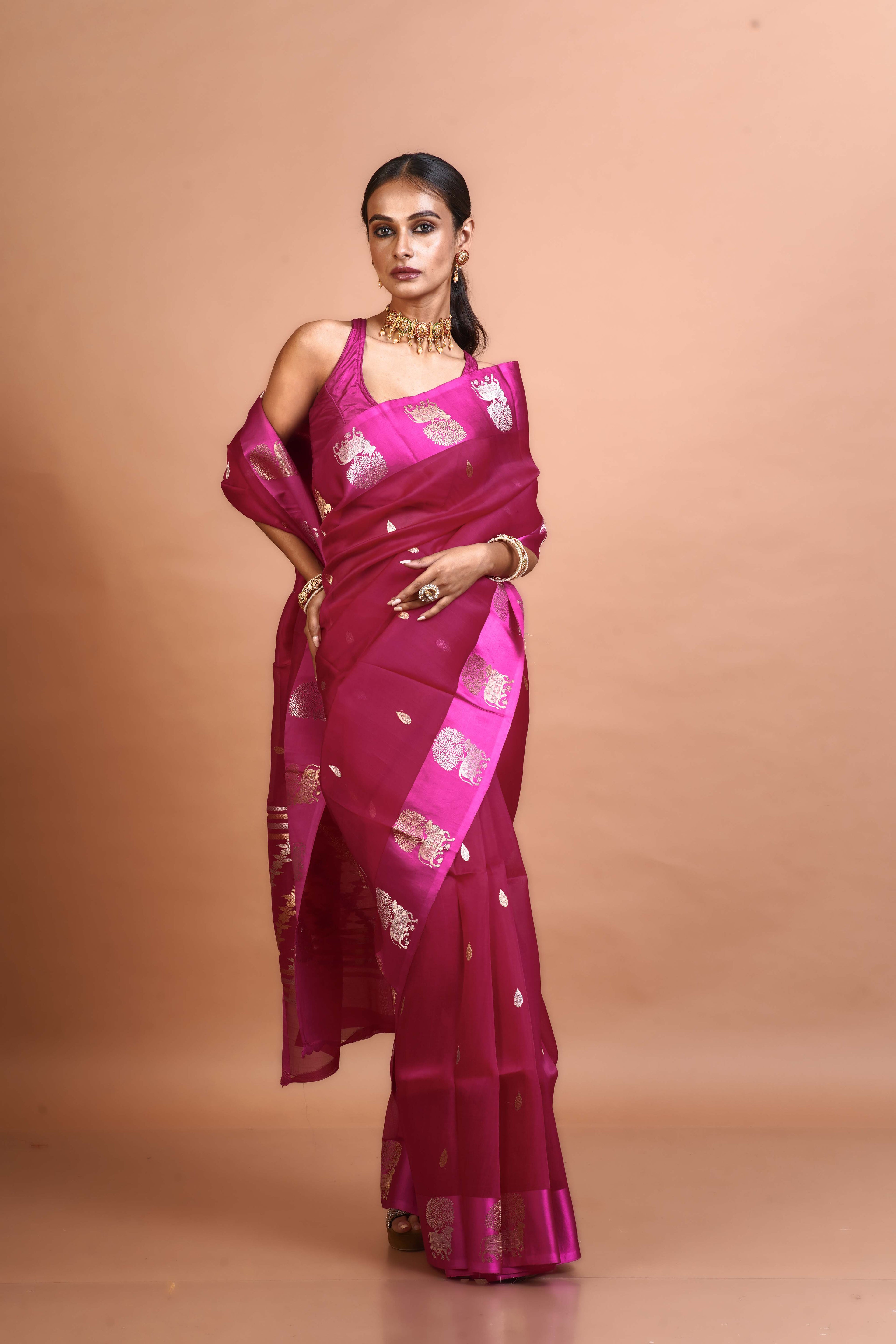 Rani Pink Kora Saree With Blouse Piece
