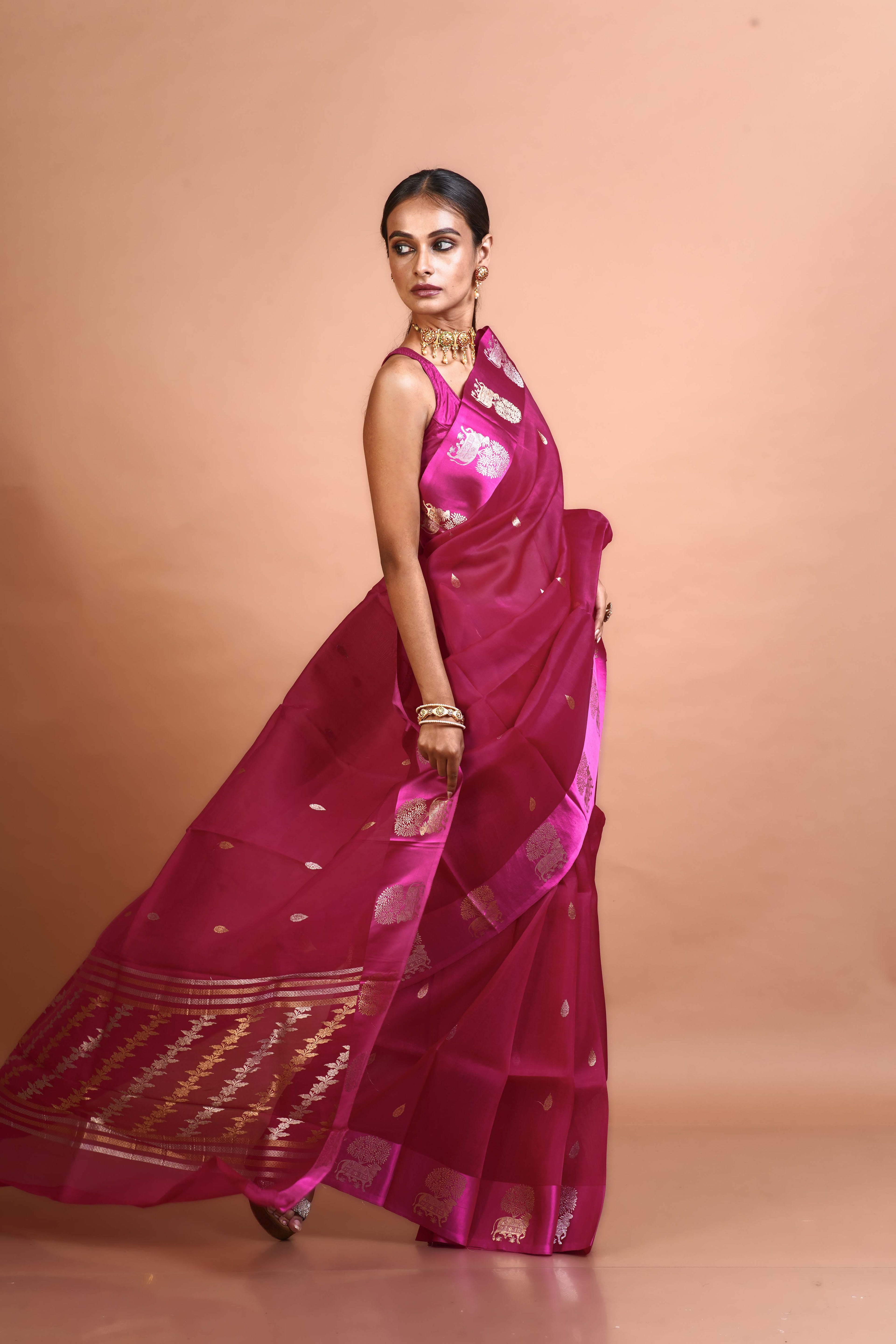 Rani Pink Kora Saree With Blouse Piece
