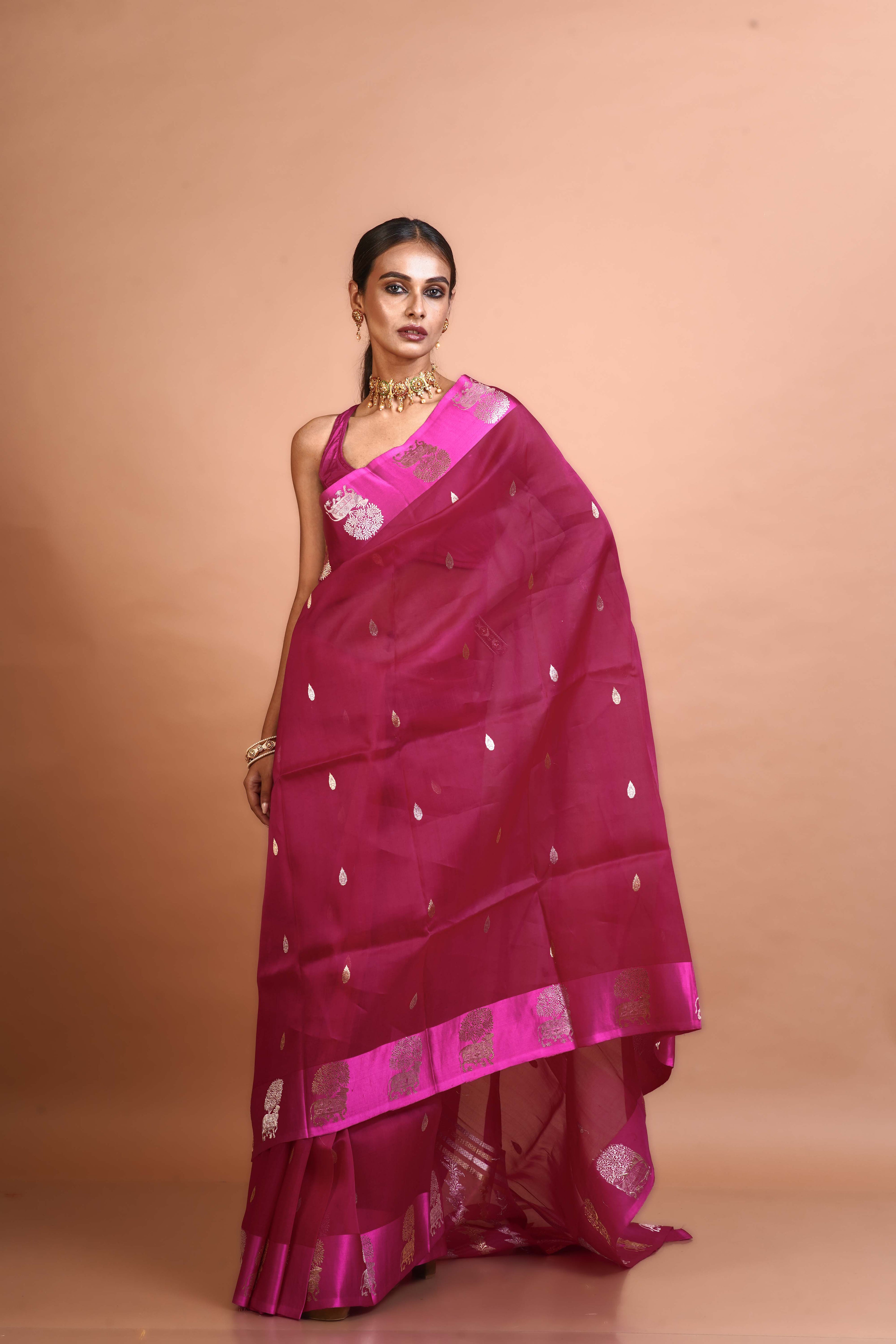 Rani Pink Kora Saree With Blouse Piece