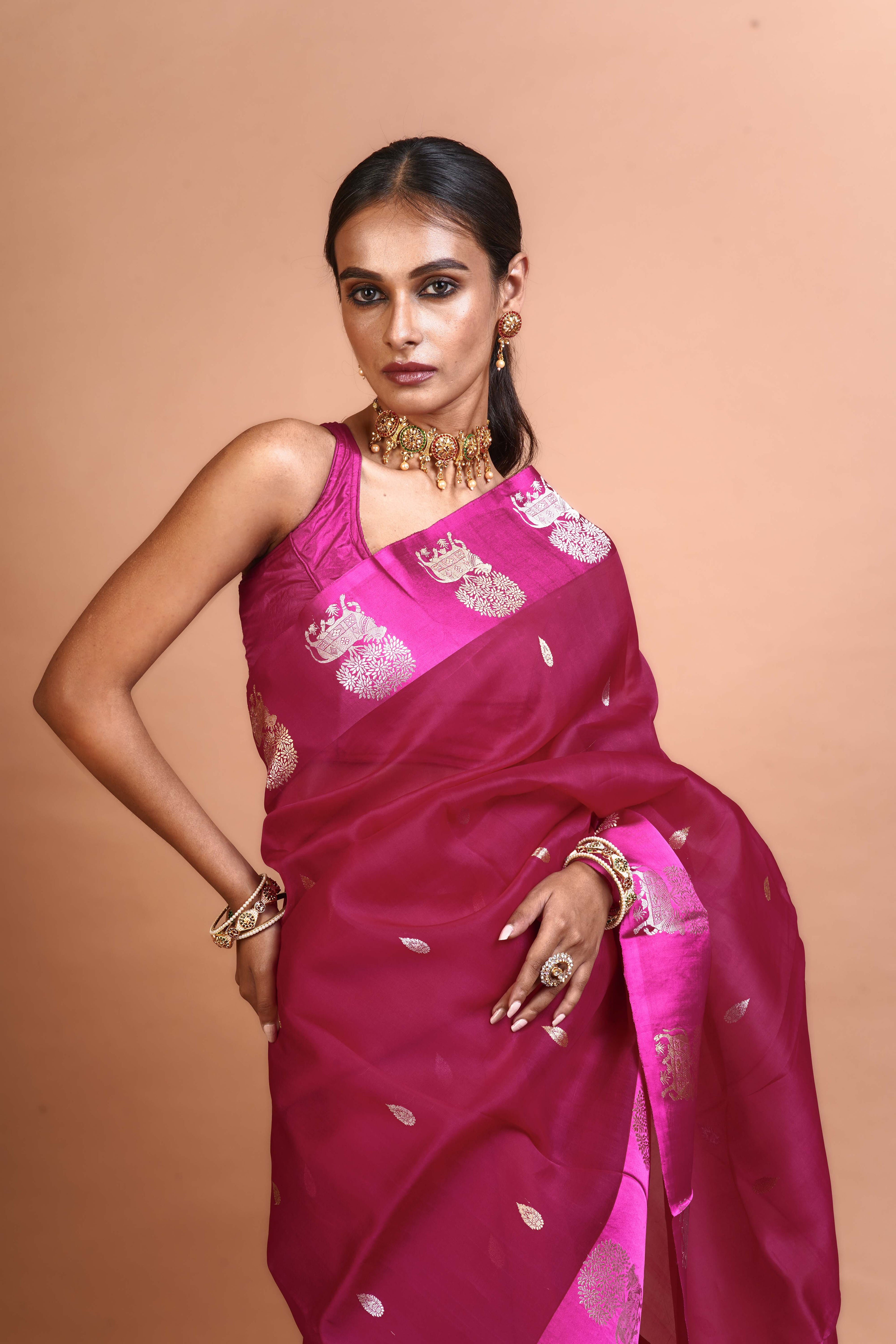 Rani Pink Kora Saree With Blouse Piece