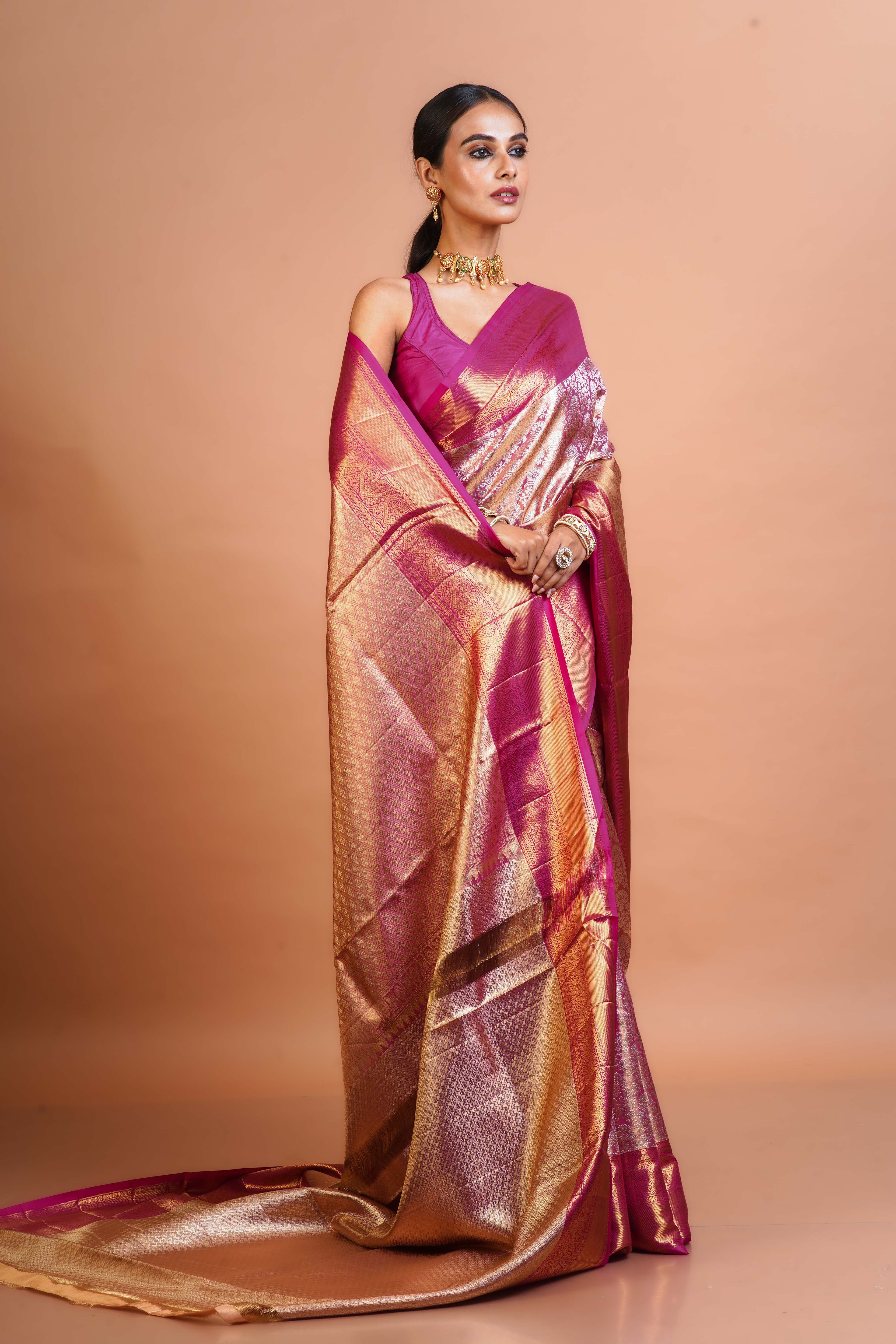 Magenda Silk Tissue Kanjivaram Saree With Blouse Piece