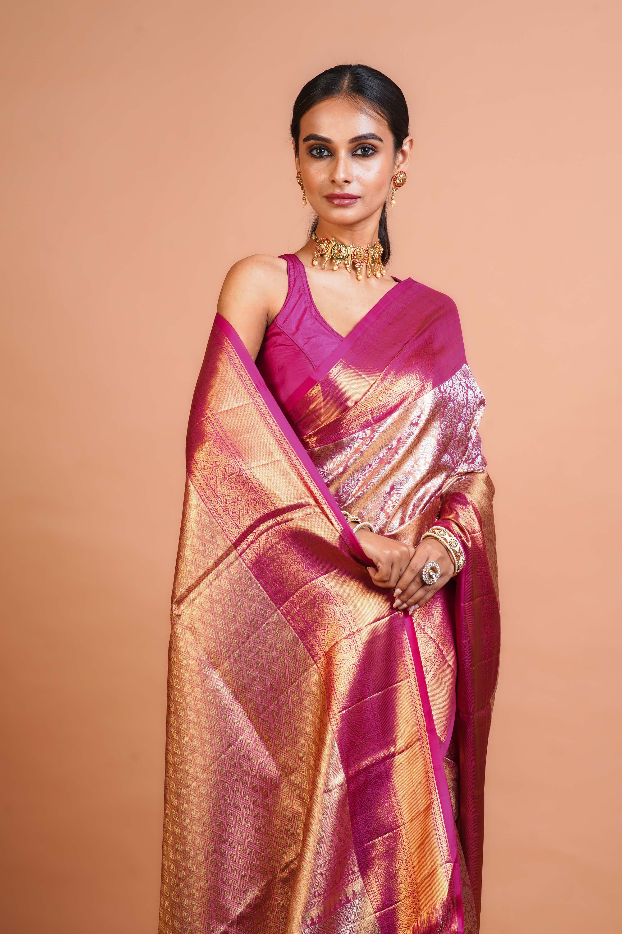Magenda Silk Tissue Kanjivaram Saree With Blouse Piece