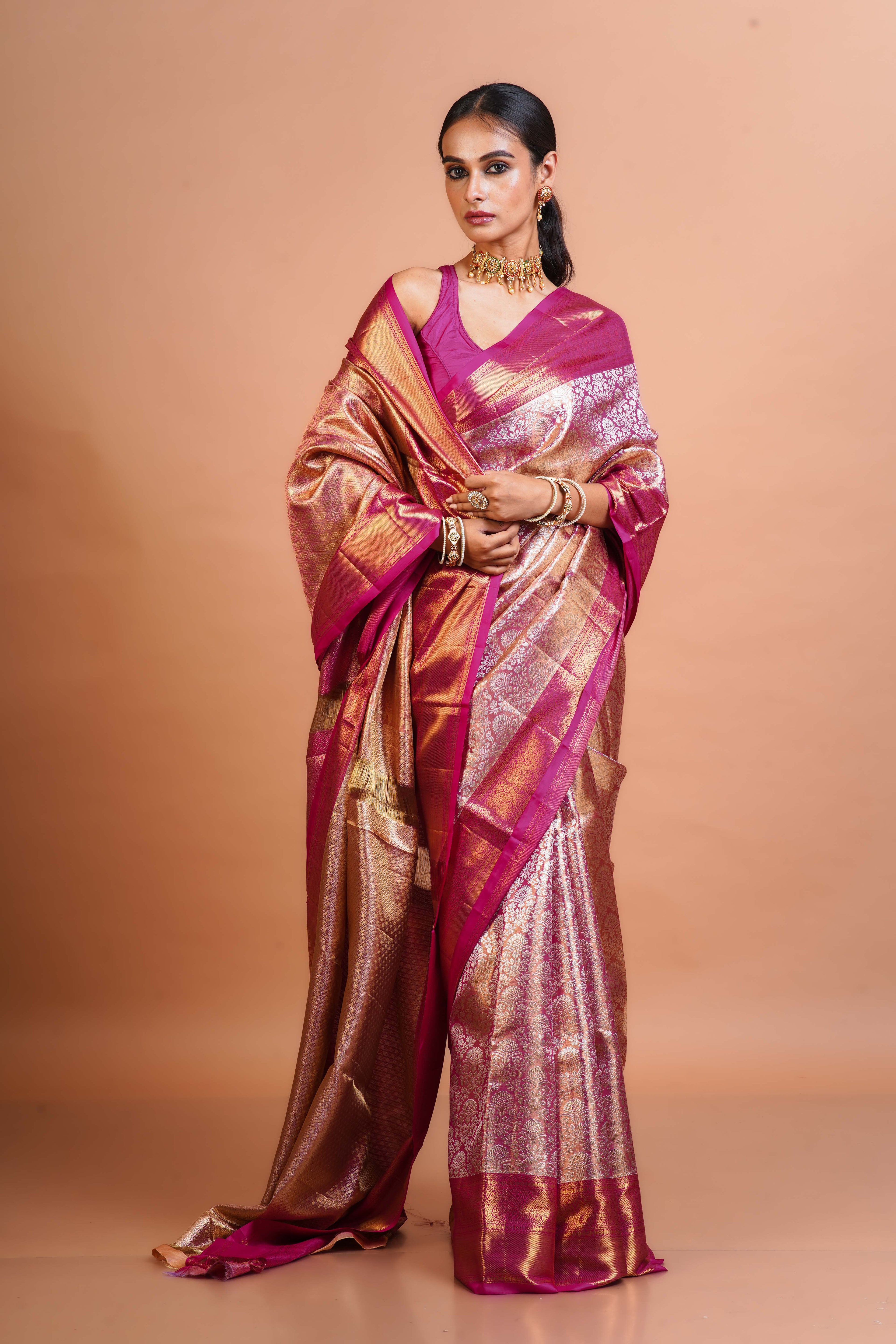 Magenda Silk Tissue Kanjivaram Saree With Blouse Piece