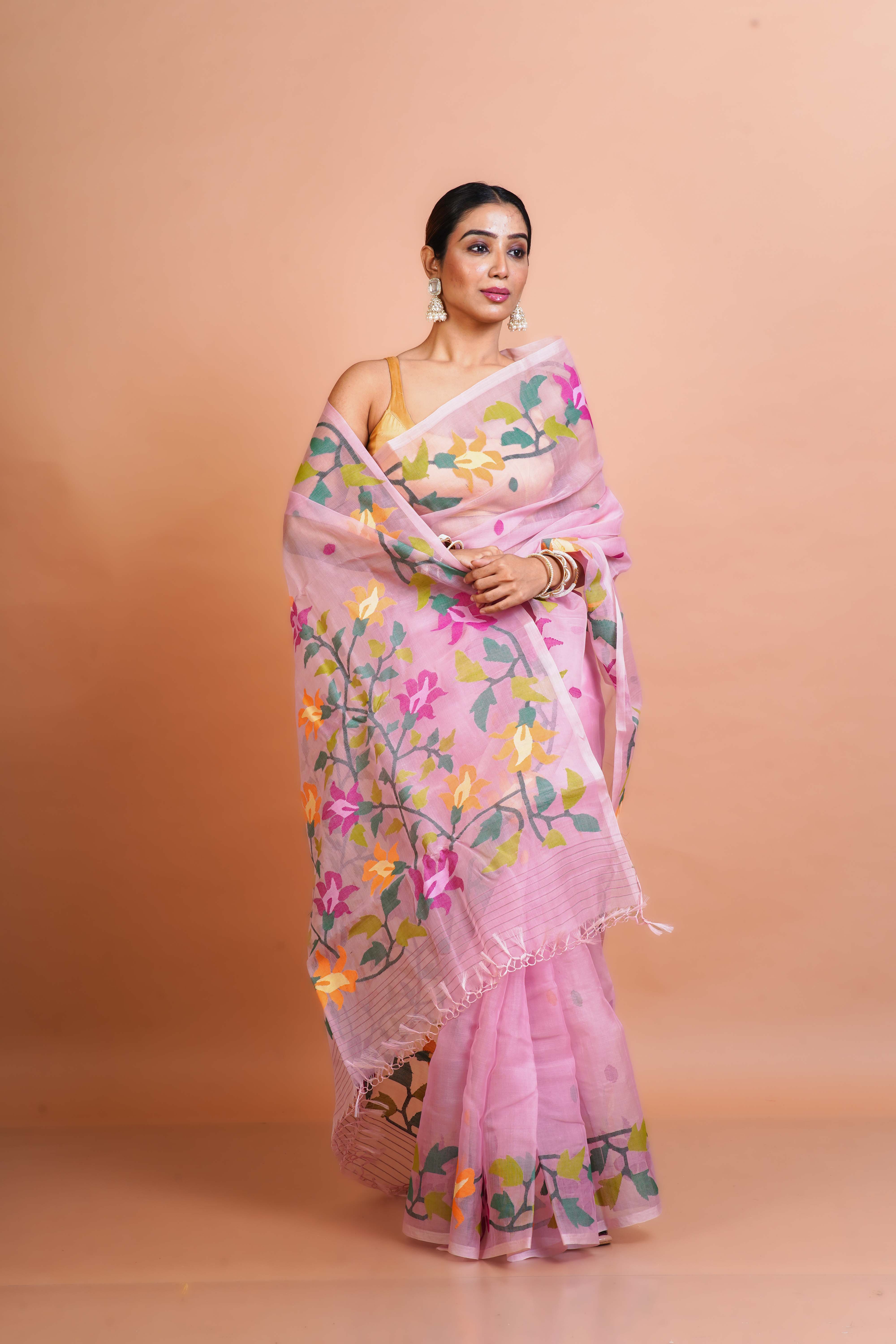 Light Pink Muslin Jamdani Saree With Blouse Piece