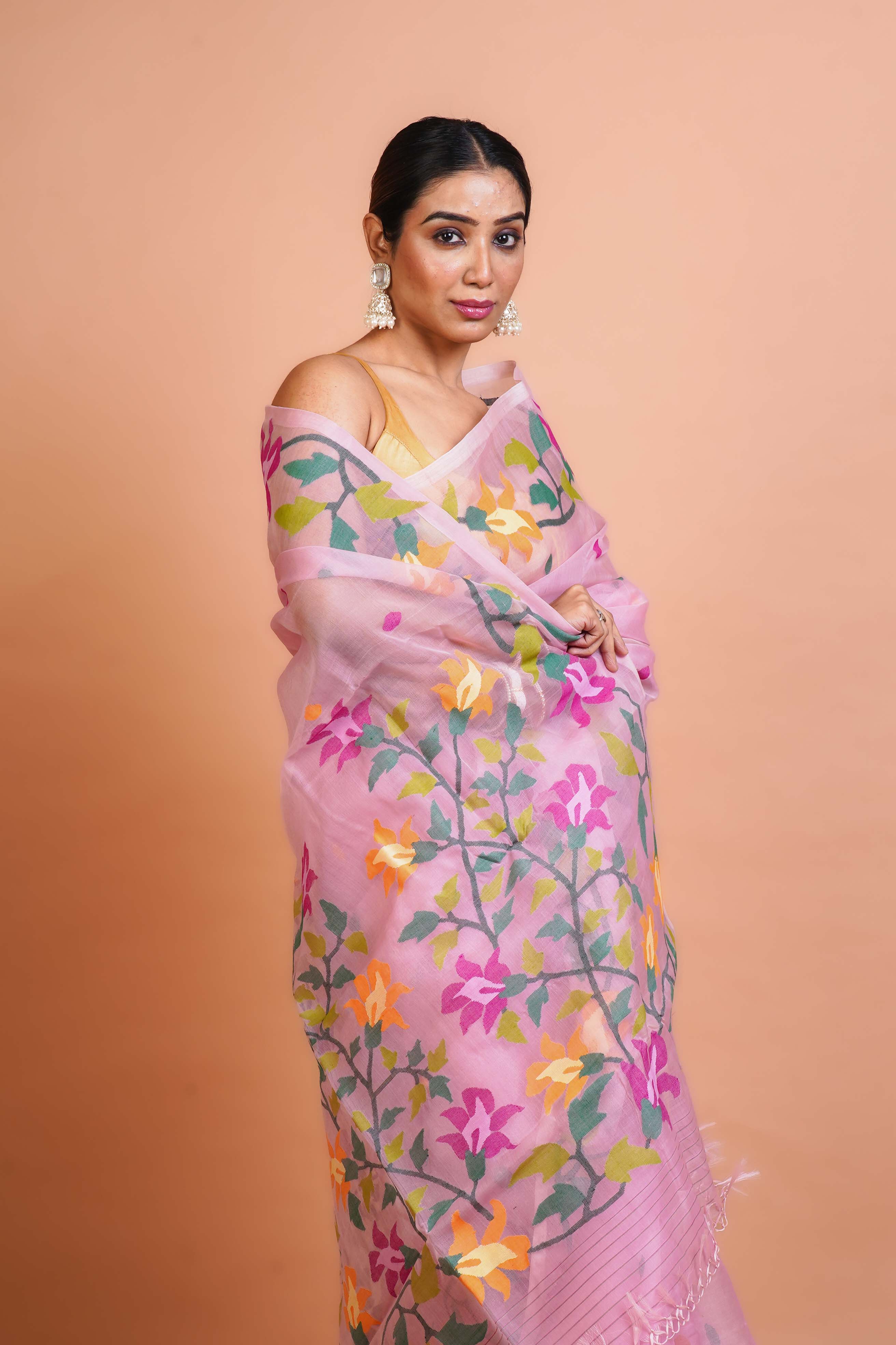Light Pink Muslin Jamdani Saree With Blouse Piece