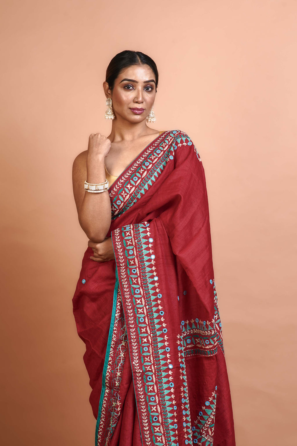 Red Tussar Kathiyawadi Saree With Blouse Piece