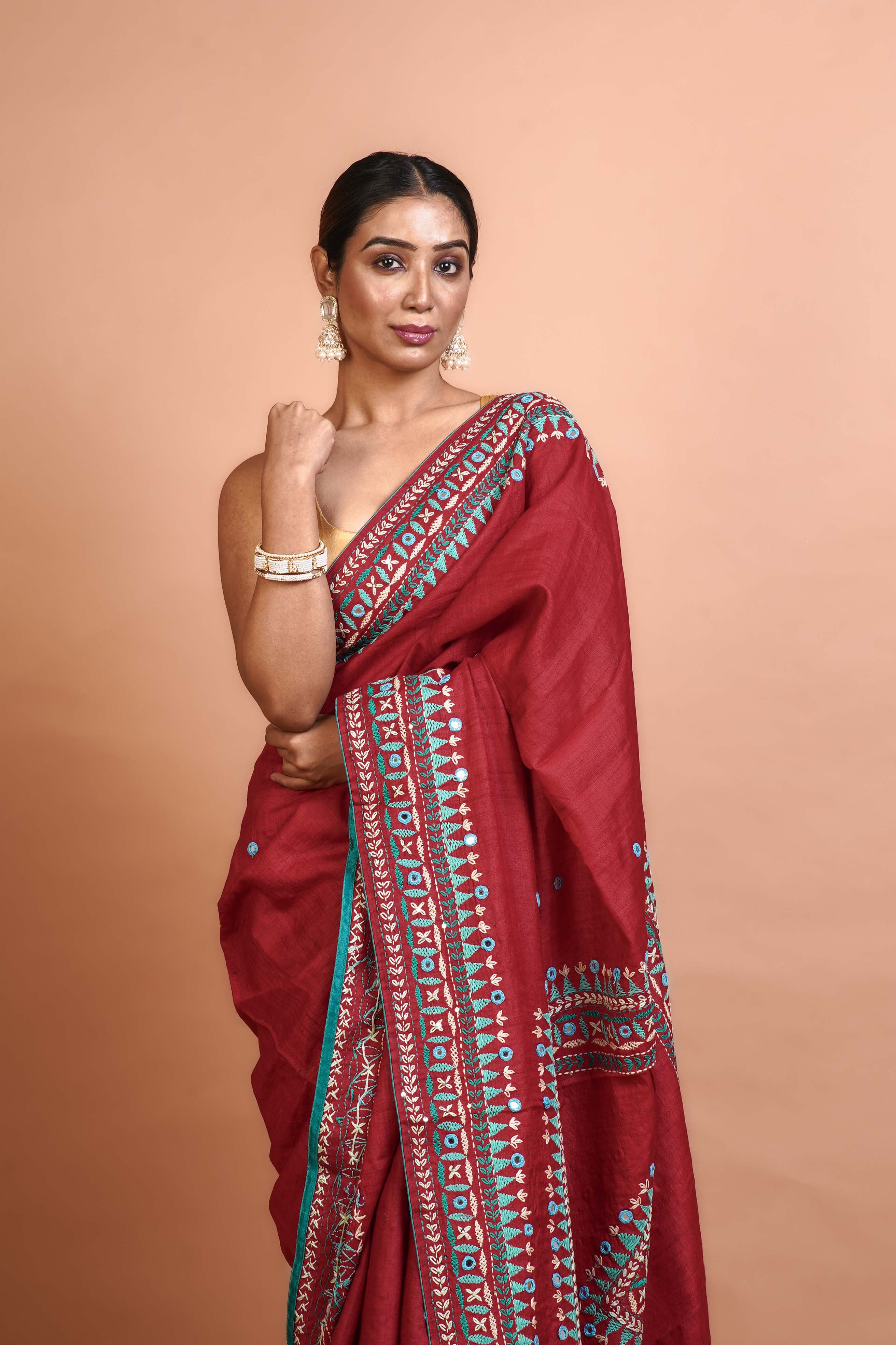 Red Tussar Kathiyawadi Saree With Blouse Piece
