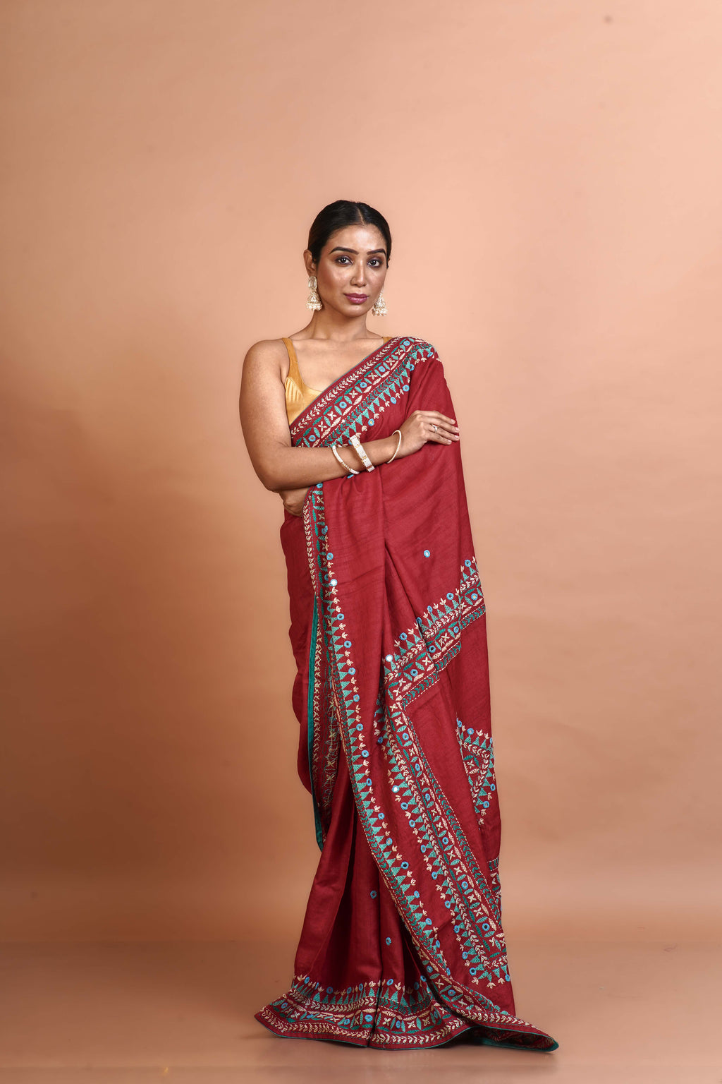 Red Tussar Kathiyawadi Saree With Blouse Piece