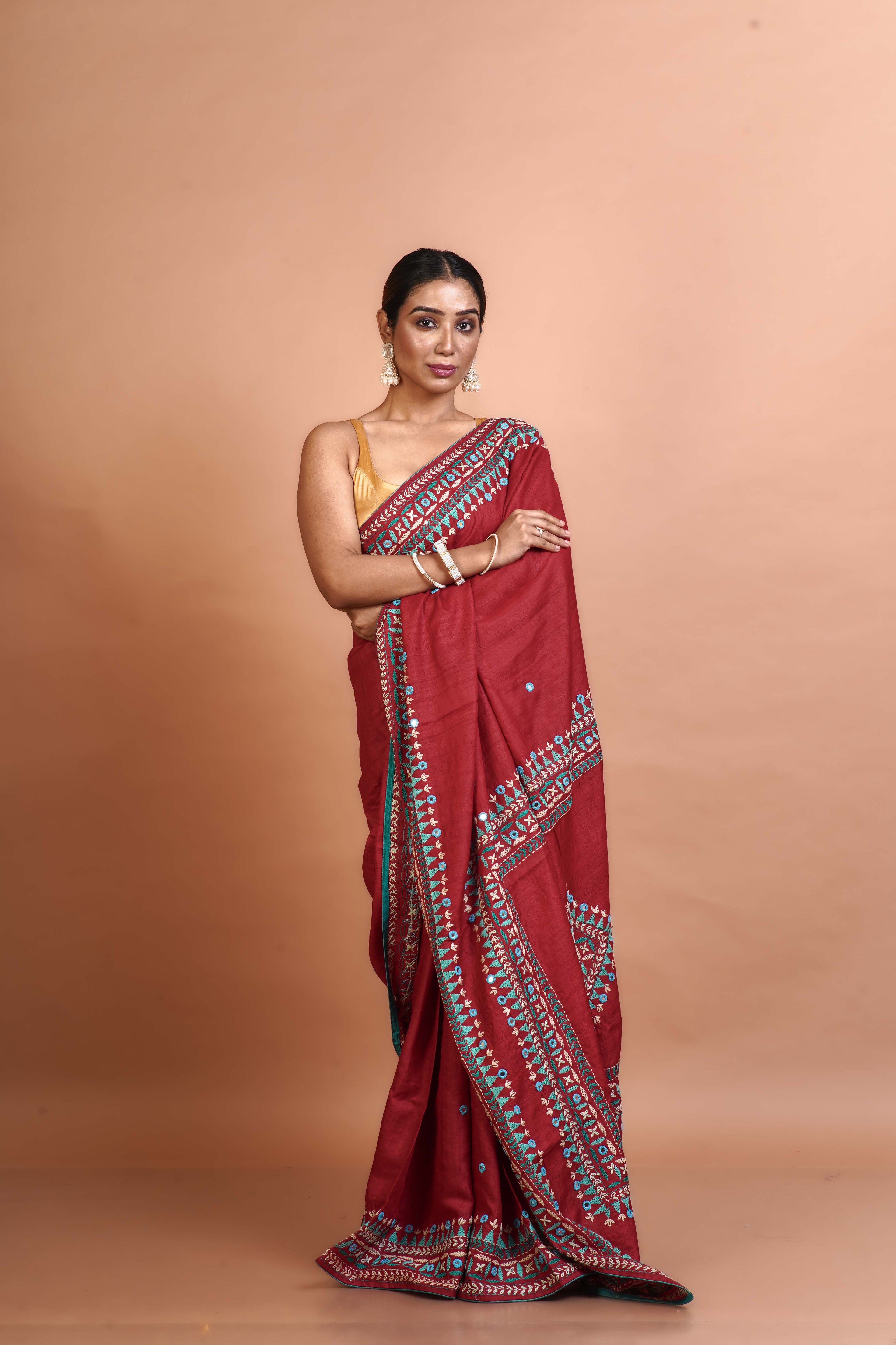 Red Tussar Kathiyawadi Saree With Blouse Piece
