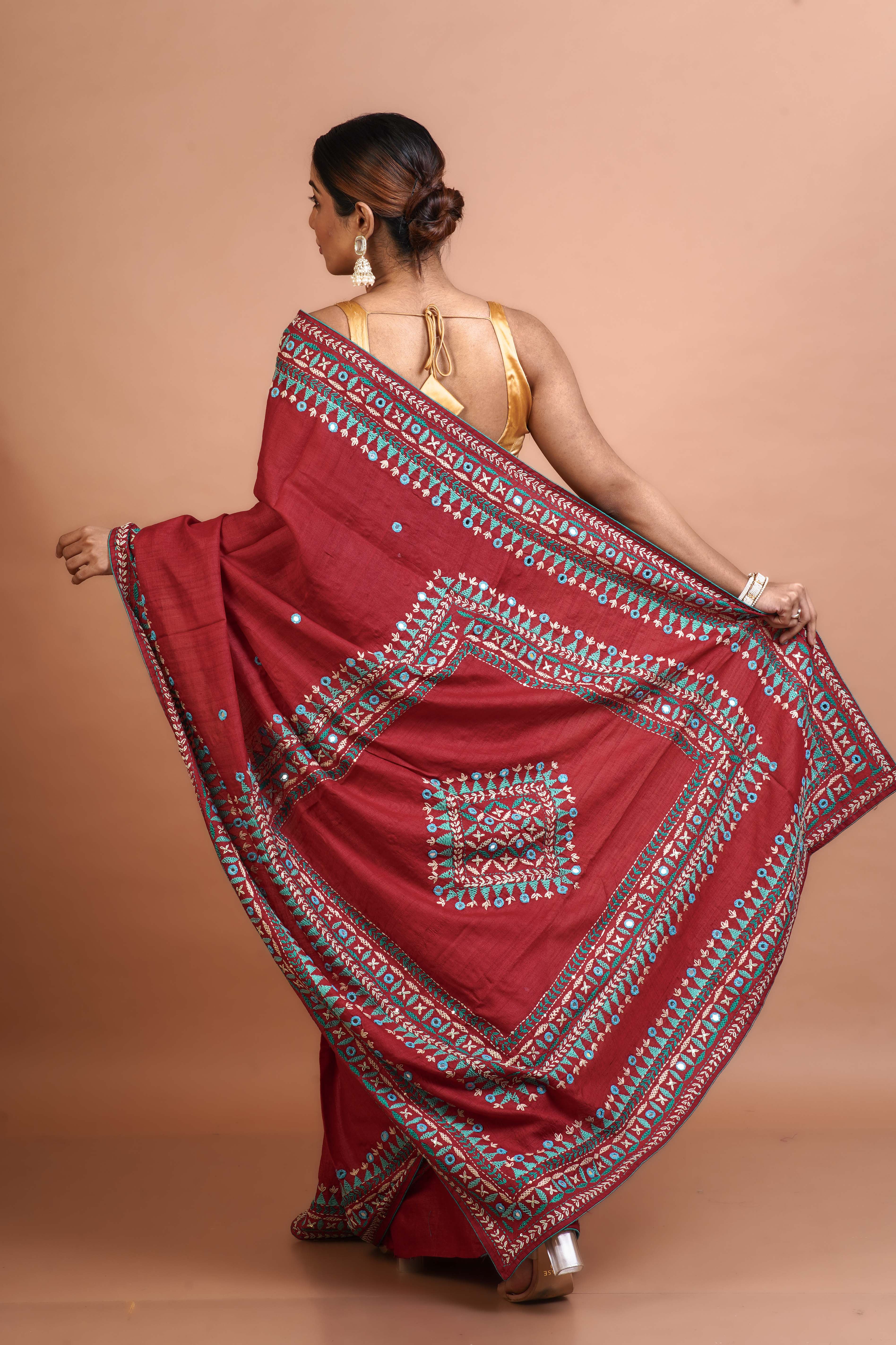 Red Tussar Kathiyawadi Saree With Blouse Piece