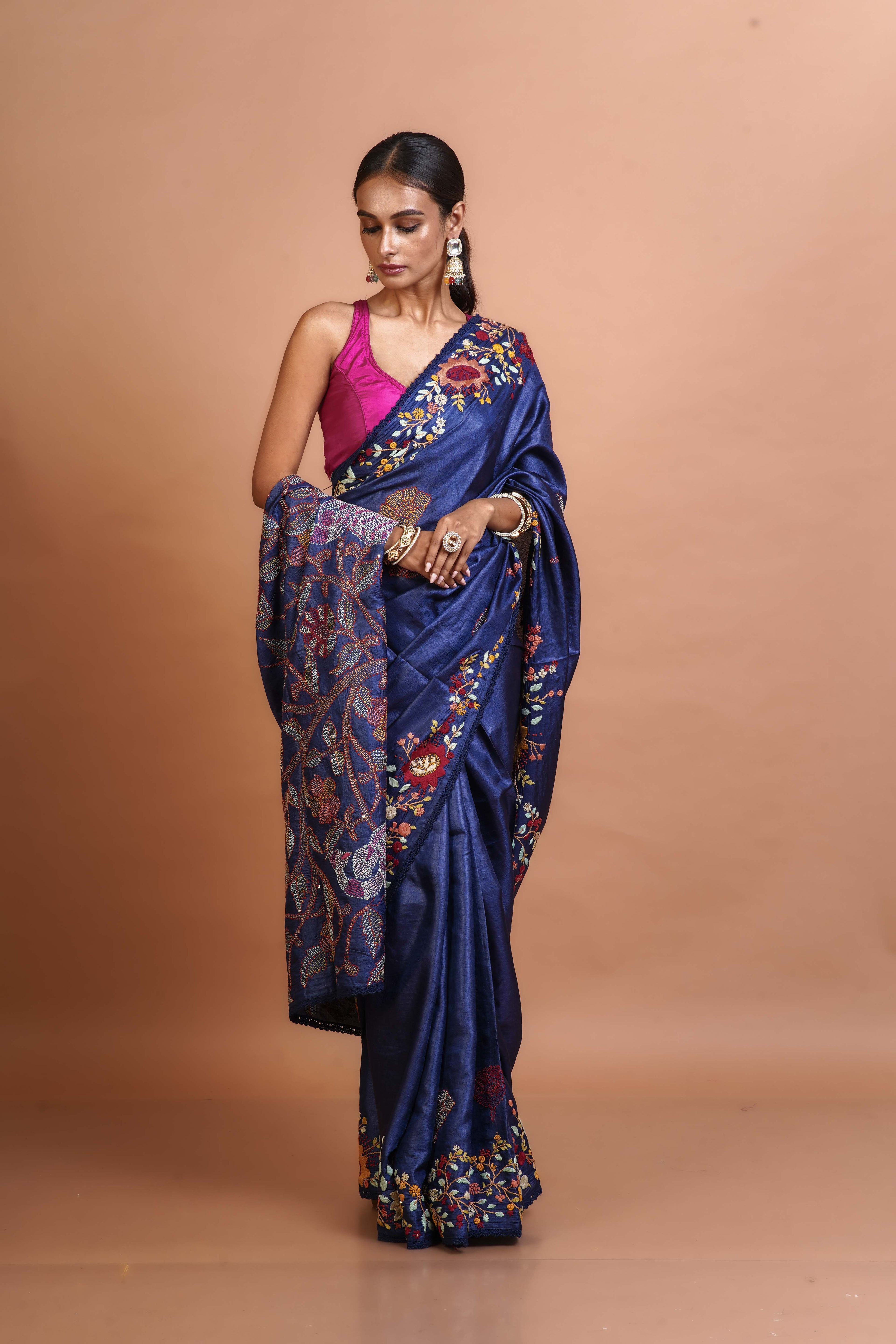 Teal Blue Bengal Tussar Fusion Saree With Blouse Piece