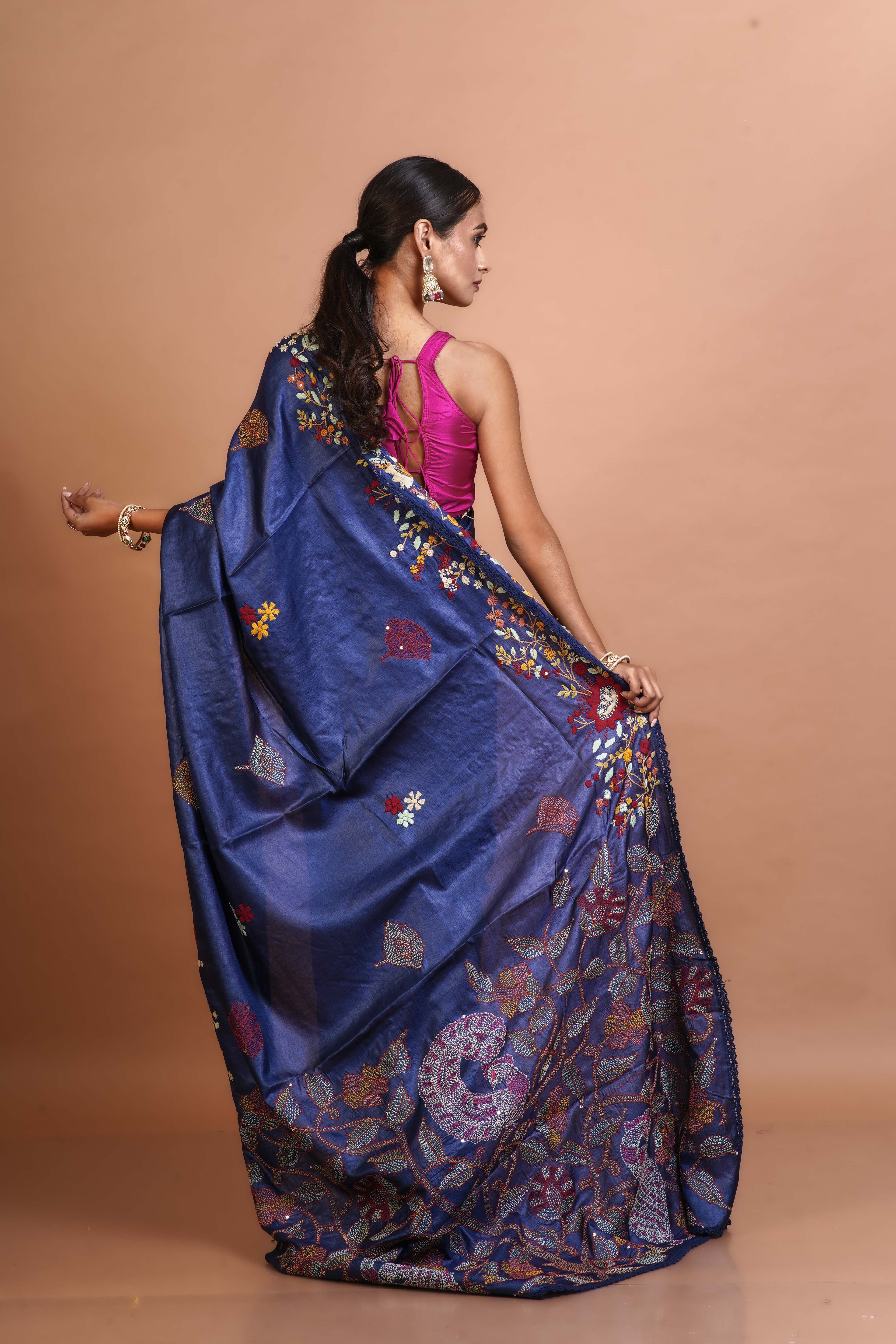Teal Blue Bengal Tussar Fusion Saree With Blouse Piece