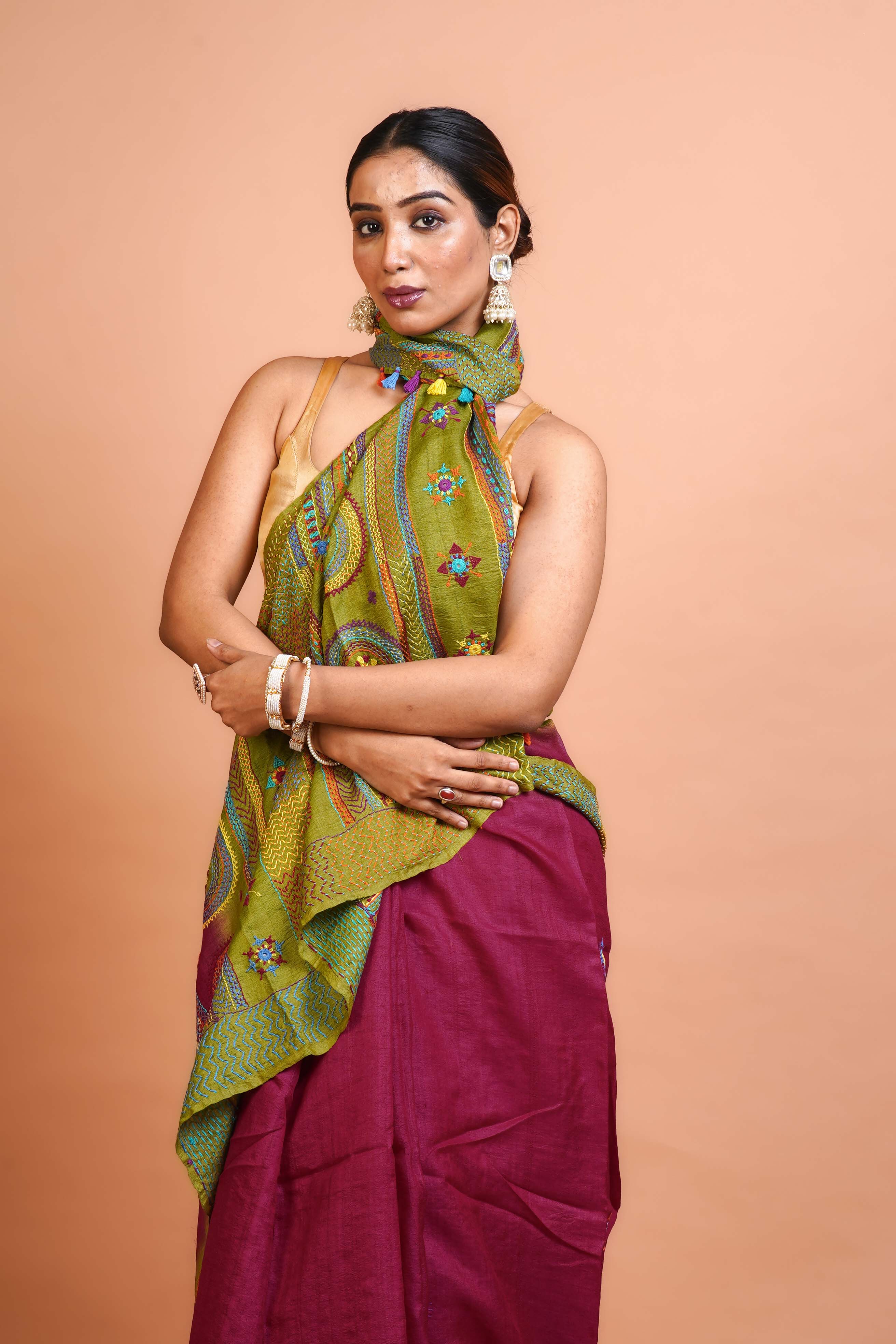 Magenda and Green Tussar  Saree With Blouse Piece