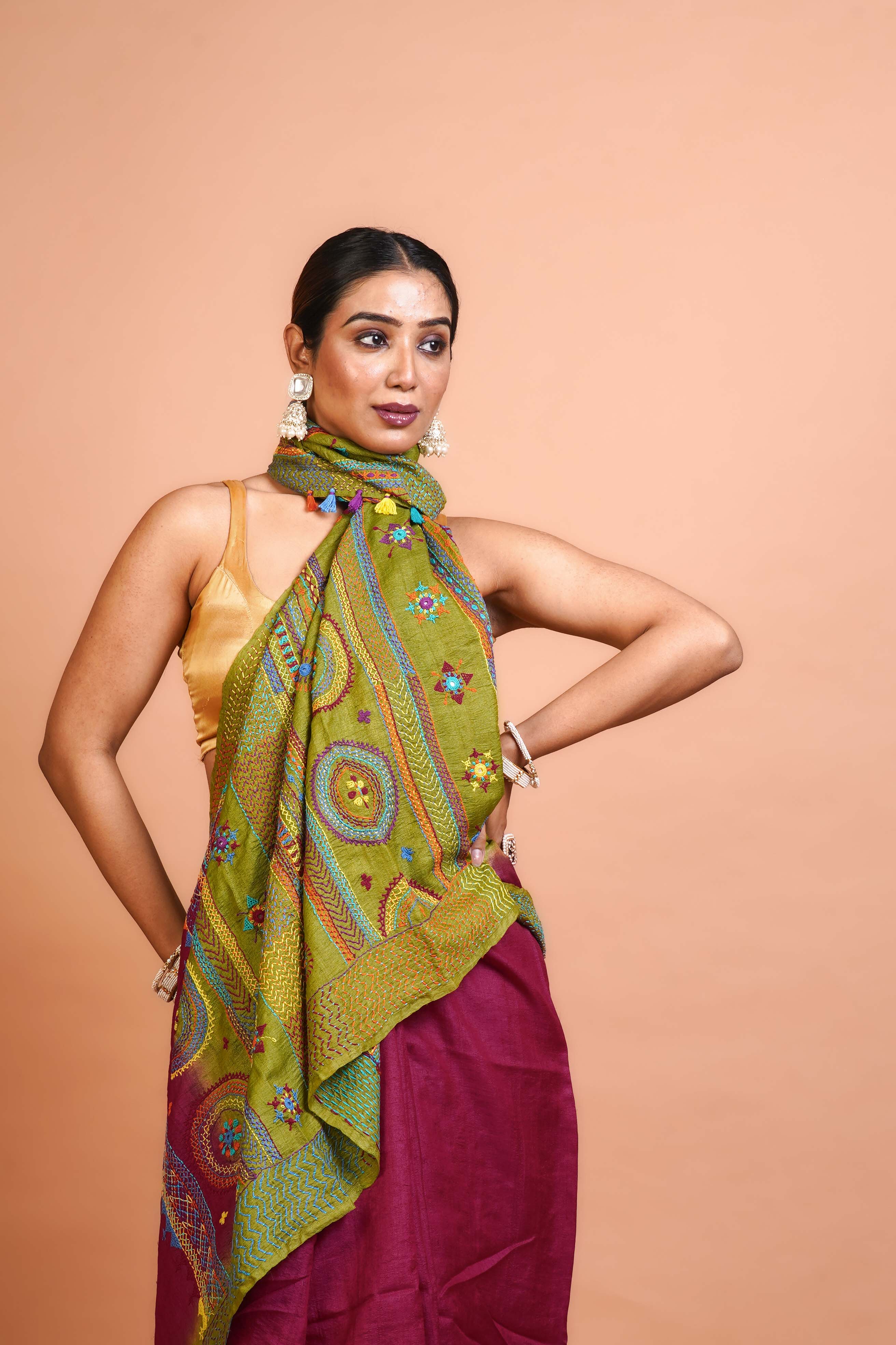 Magenda and Green Tussar  Saree With Blouse Piece